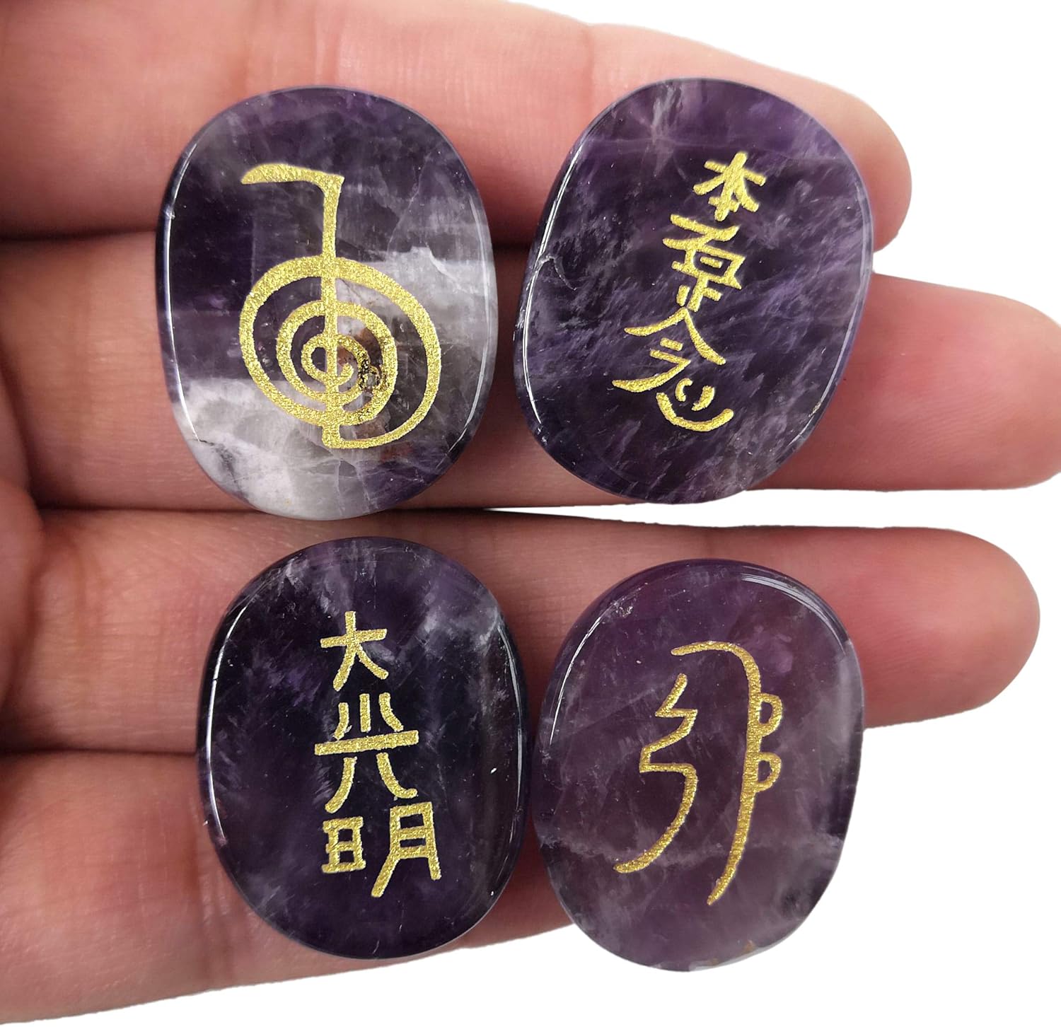 Lovionus89 4 Stück Amethyst Graviert Chakra Steine Heilung Kristall Reiki Ausbalancieren Palme Stein,25mm