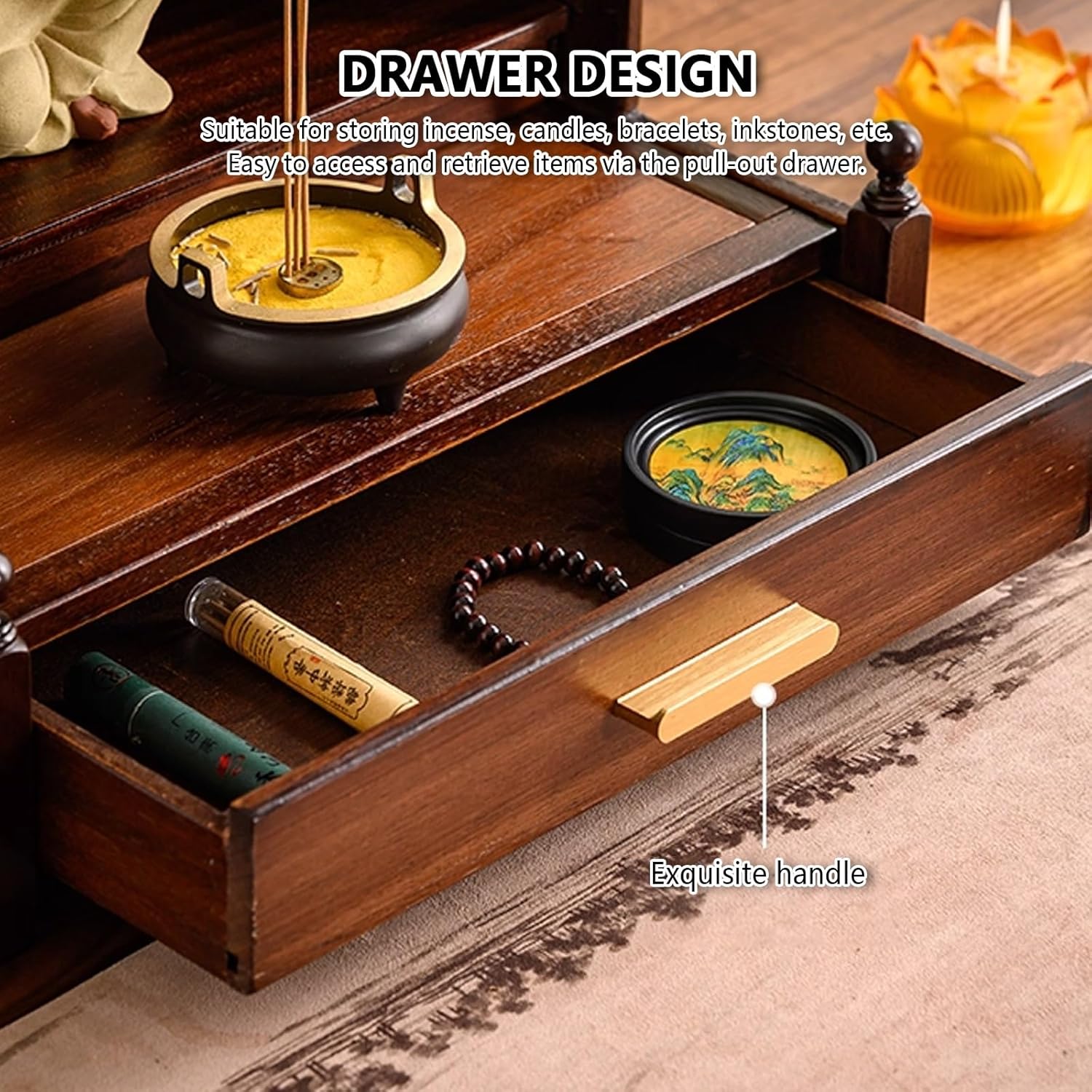 Vintage Altarschränke für Schreibtische, buddhistische Altartische für Kirchen mit ausziehbarem Regal, Opfer- und Meditationsschreine, Buddha-Statuentische für Zuhause, für Tempel.