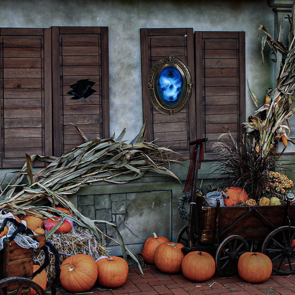TRIXES Schwarz-Goldener Sprechender Halloween - Spiegel mit Gruseligem Bild - Doppelsensor - Bewegung und Ton aktivierte - Spukhaus Dekoration