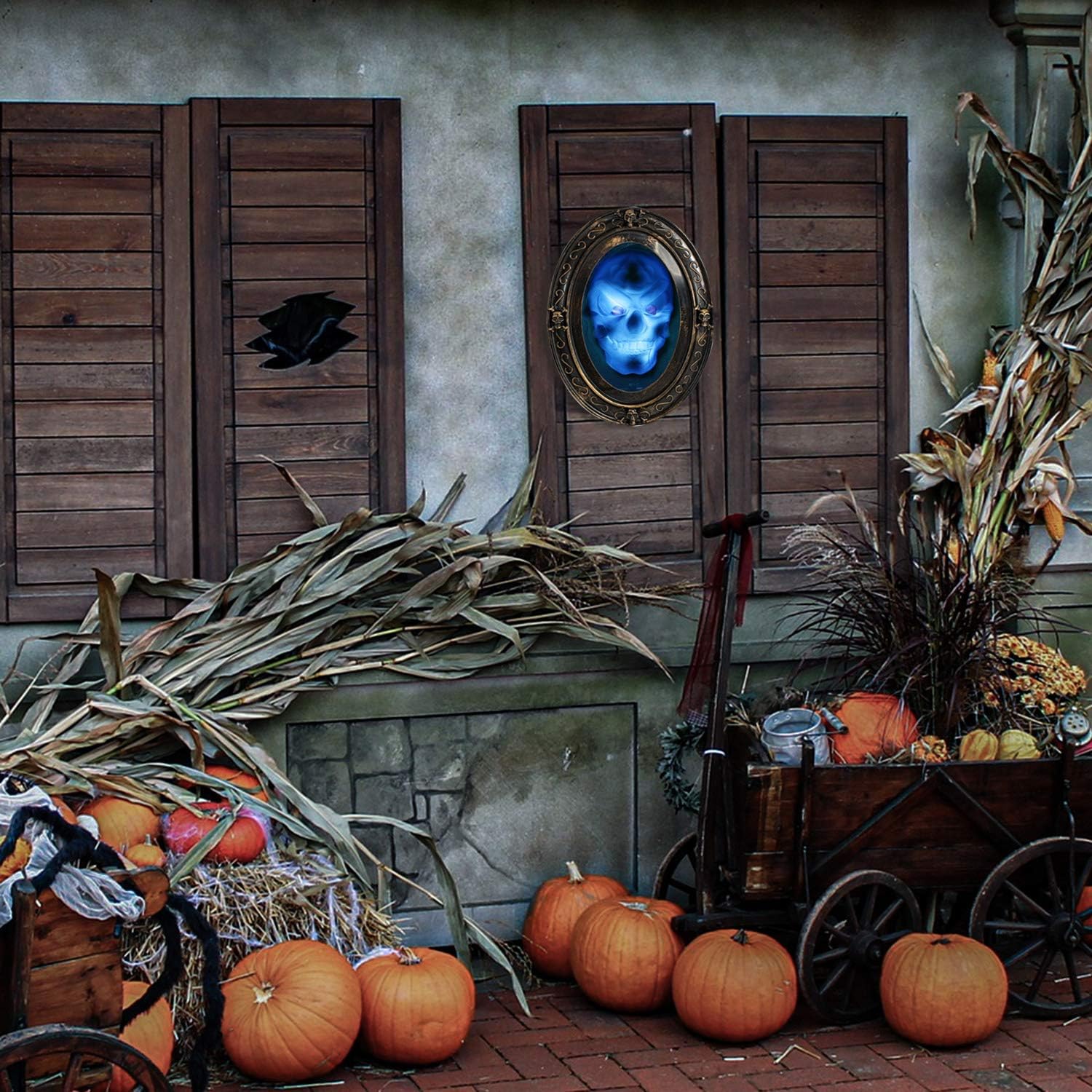 TRIXES Schwarz-Goldener Sprechender Halloween - Spiegel mit Gruseligem Bild - Doppelsensor - Bewegung und Ton aktivierte - Spukhaus Dekoration