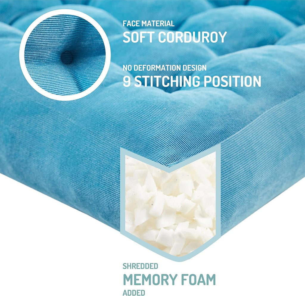 Degrees of Comfort Meditation Floor Pillow, Square Large Pillows Seating for Adults, Tufted Corduroy Thick Cushion for Living Room Tatami, Turquoise, 22x22 Inch