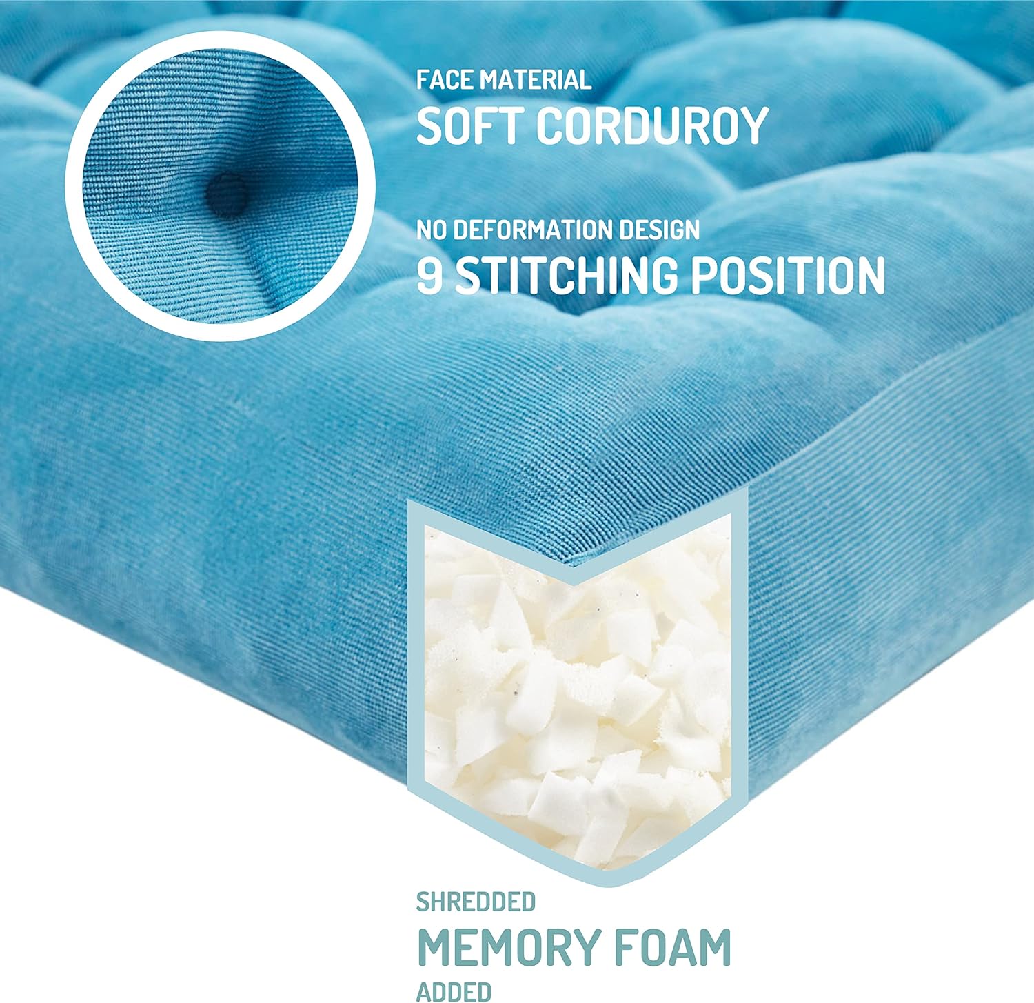 Degrees of Comfort Meditation Floor Pillow, Square Large Pillows Seating for Adults, Tufted Corduroy Thick Cushion for Living Room Tatami, Turquoise, 22x22 Inch