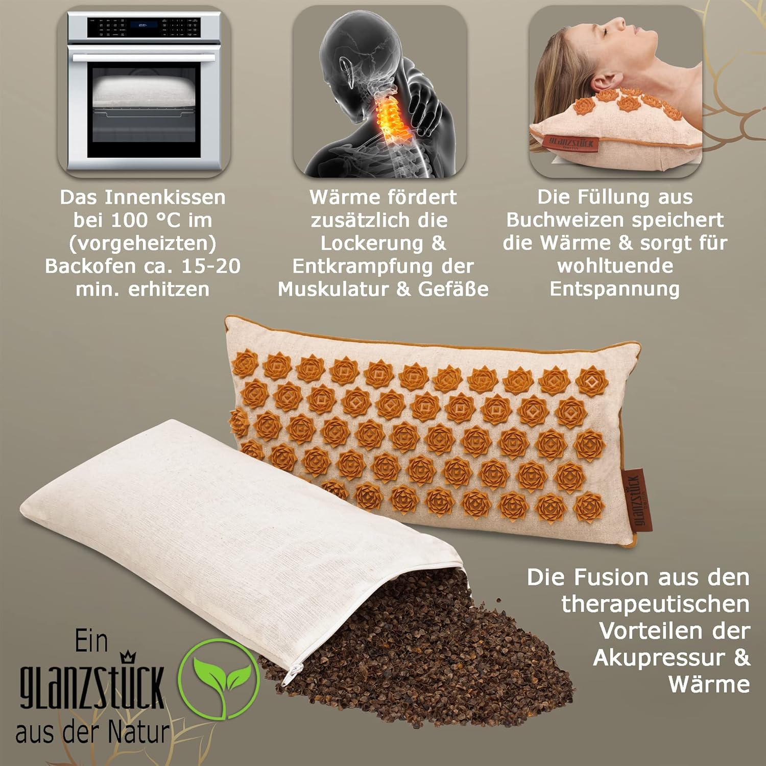 Glanzstück Berlin® Health Collection: XL Akupressurmatte Set ORIGINAL aus Leinen, Hilfe bei Verspannungen, Rückenschmerzen, Massagematte mit Kissen (Wärmefunktion) & Tasche, nachhaltig