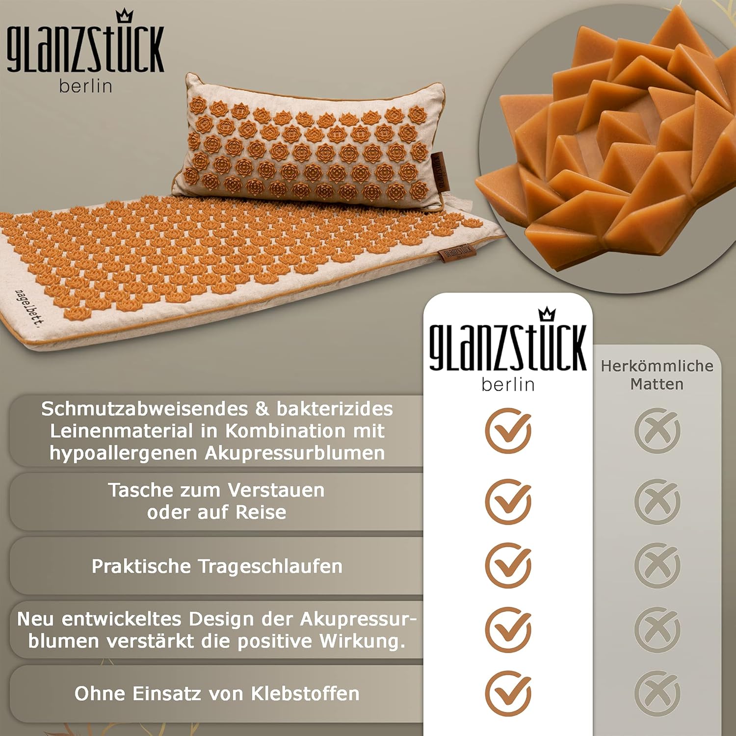 Glanzstück Berlin® Health Collection: XL Akupressurmatte Set ORIGINAL aus Leinen, Hilfe bei Verspannungen, Rückenschmerzen, Massagematte mit Kissen (Wärmefunktion) & Tasche, nachhaltig