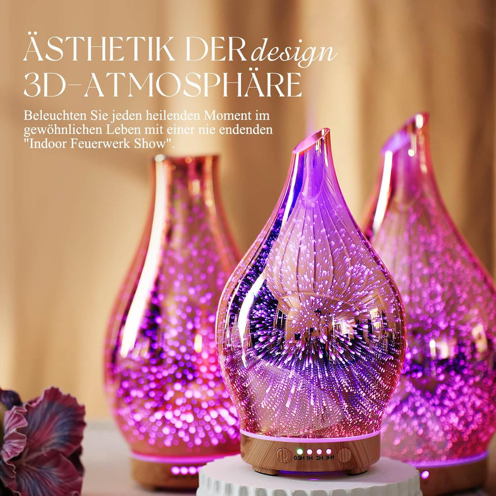 Porseme Aroma Diffuser Luftbefeuchter 150ml,Handgeblasen 3D Luftbefeuchter Ultraschall Leise 7 farbwechselnde LEDs Raumbefeuchter BPA Frei für Wohnung Yoga SPA mit Timer (Rose Gold)
