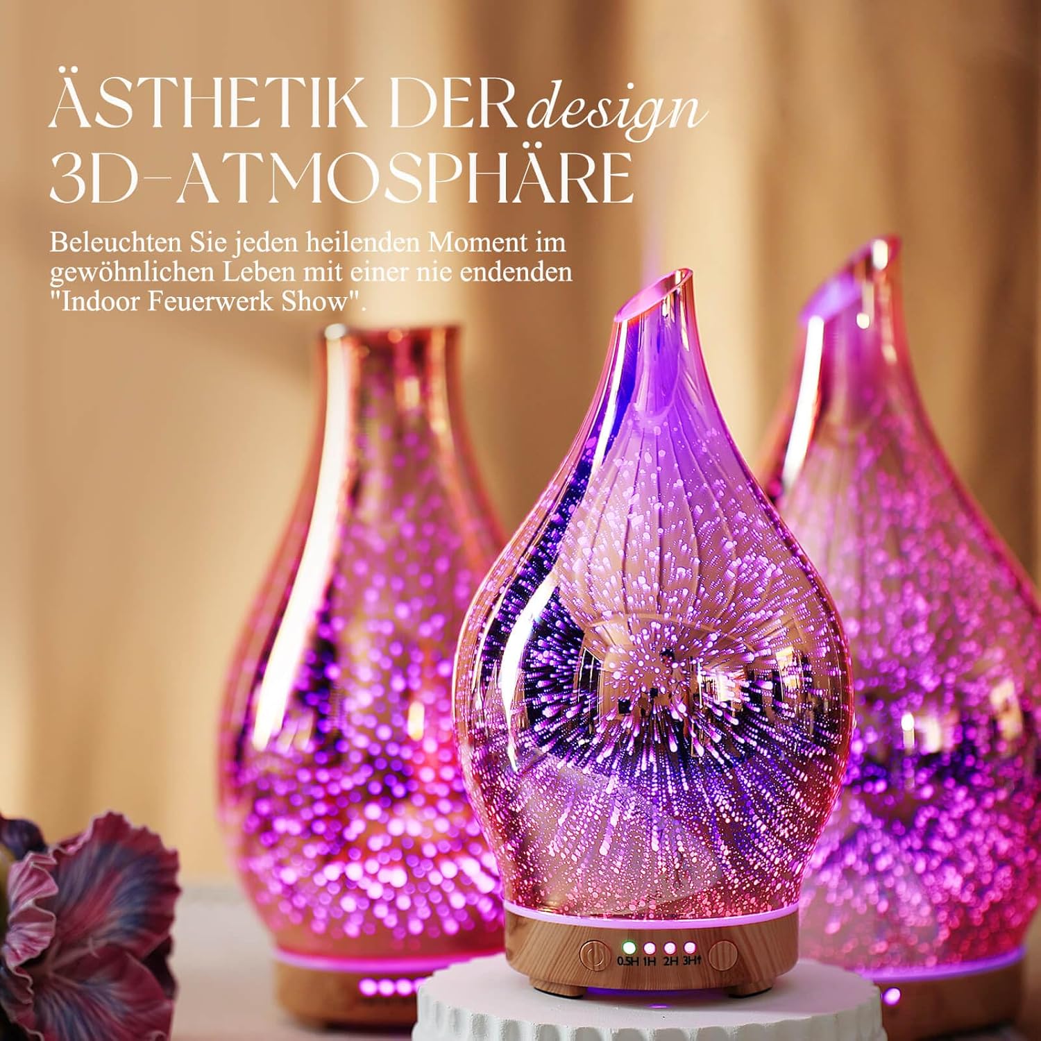 Porseme Aroma Diffuser Luftbefeuchter 150ml,Handgeblasen 3D Luftbefeuchter Ultraschall Leise 7 farbwechselnde LEDs Raumbefeuchter BPA Frei für Wohnung Yoga SPA mit Timer (Rose Gold)