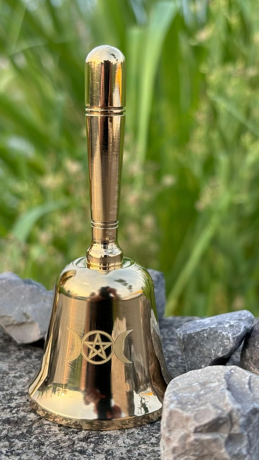 Mini Brass Altar Bell and Altarchalice, Triple Moon Goddess and Pentagram Wiccan Accessories and Tools, Altar Ritual Kit