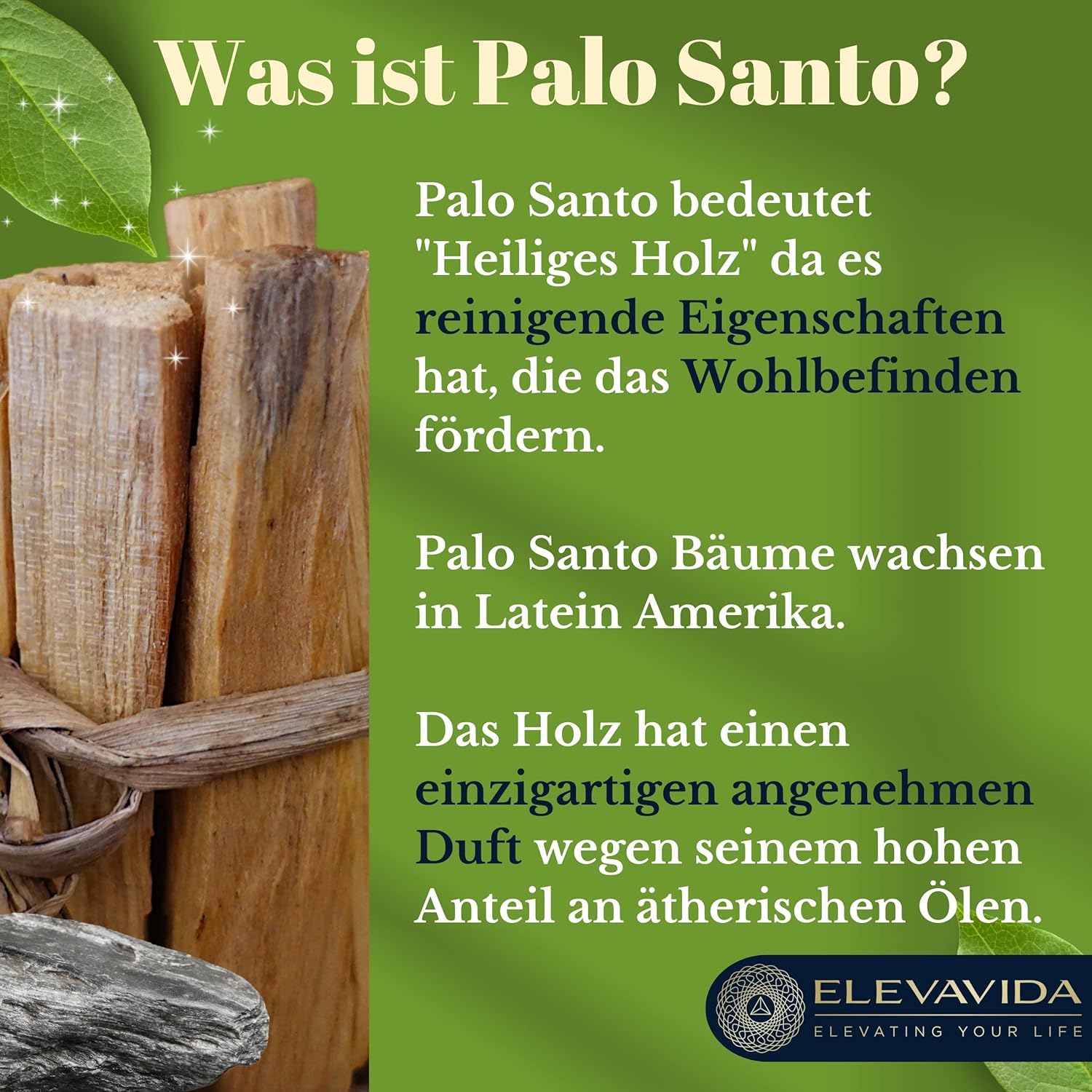 ELEVAVIDA Palo Santo 90g (9–11 Stäbe) aromatisch duftendes Räucherholz aus Peru, nachhaltig gesammelt zur Entspannung, Meditation, energetische Reinigung von Räumen - Bursera Graveolen - heiliges Holz