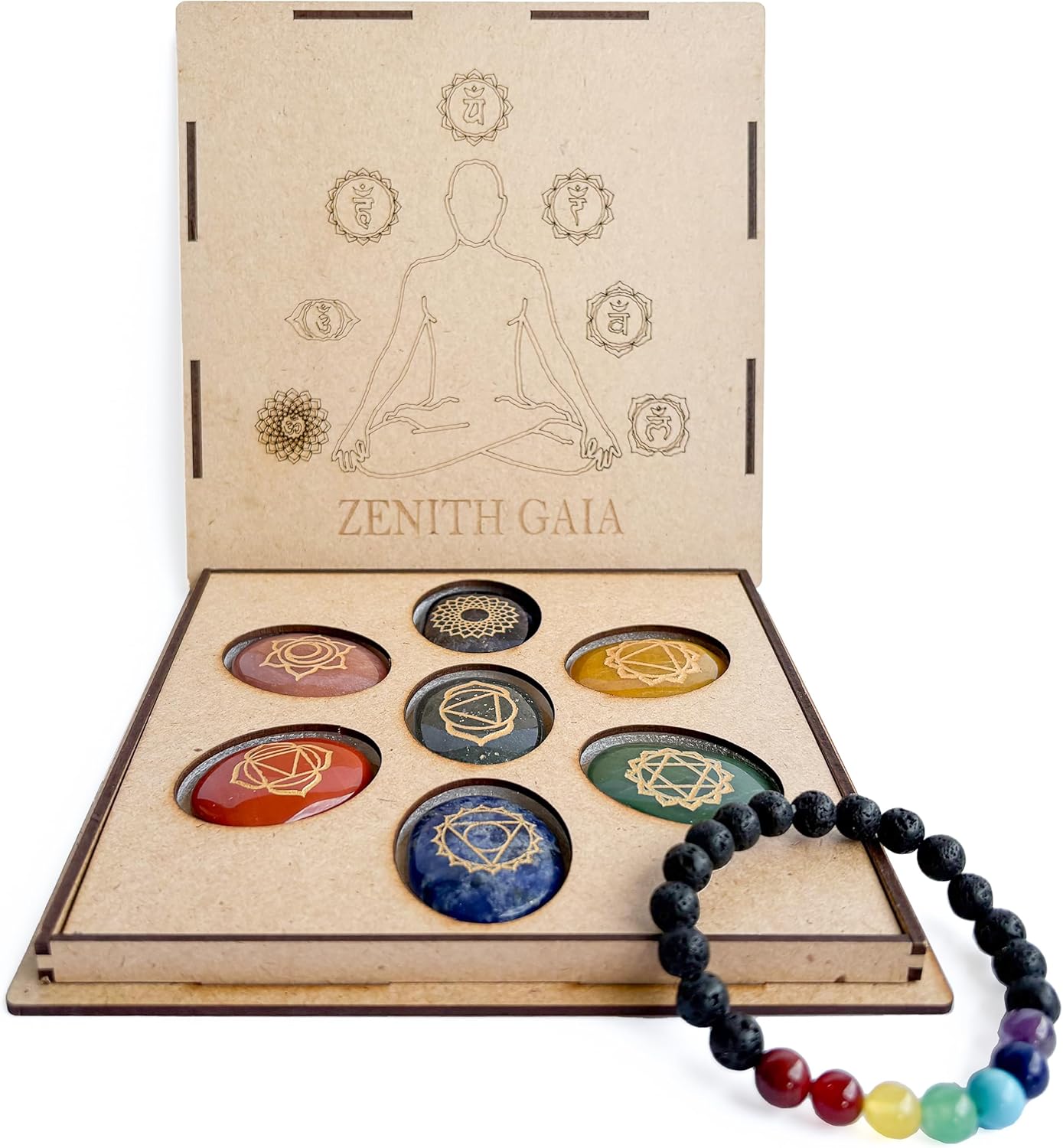 Zenith Gaia Premium Chakra Steine Set mit Armband – Handgefertigte 7 Edelsteine – Natursteine in edler Holzbox – Chakra Heilsteine Set für spirituelles Gleichgewicht und Energiearbeit - Worry Stones