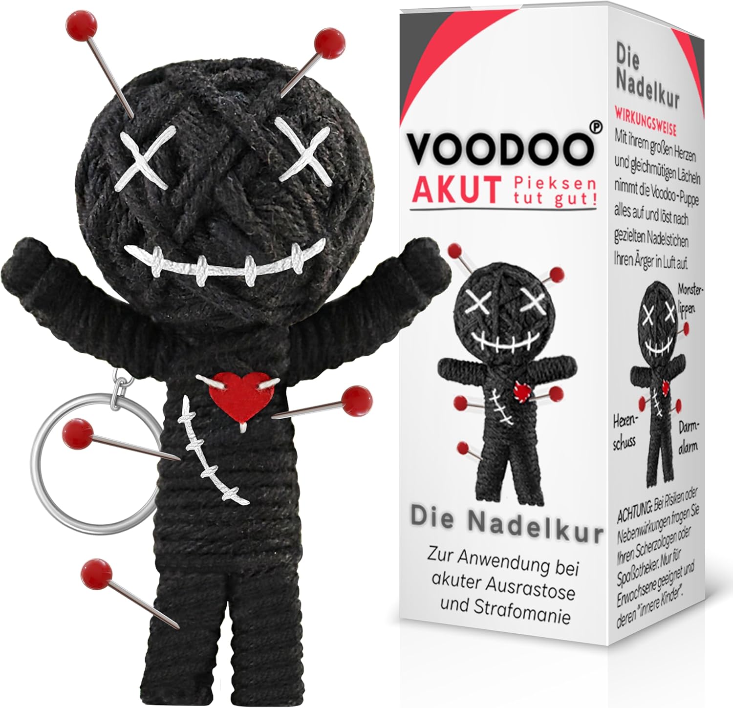 Voodoo Puppe mit Nadeln | 7,5cm | Geschenkbox & Anleitung | Scherz-Medikament | Büro Geschenk für Kollegen Kollegin Chef | Anti Stress | Abschied | Büro Uni Studium