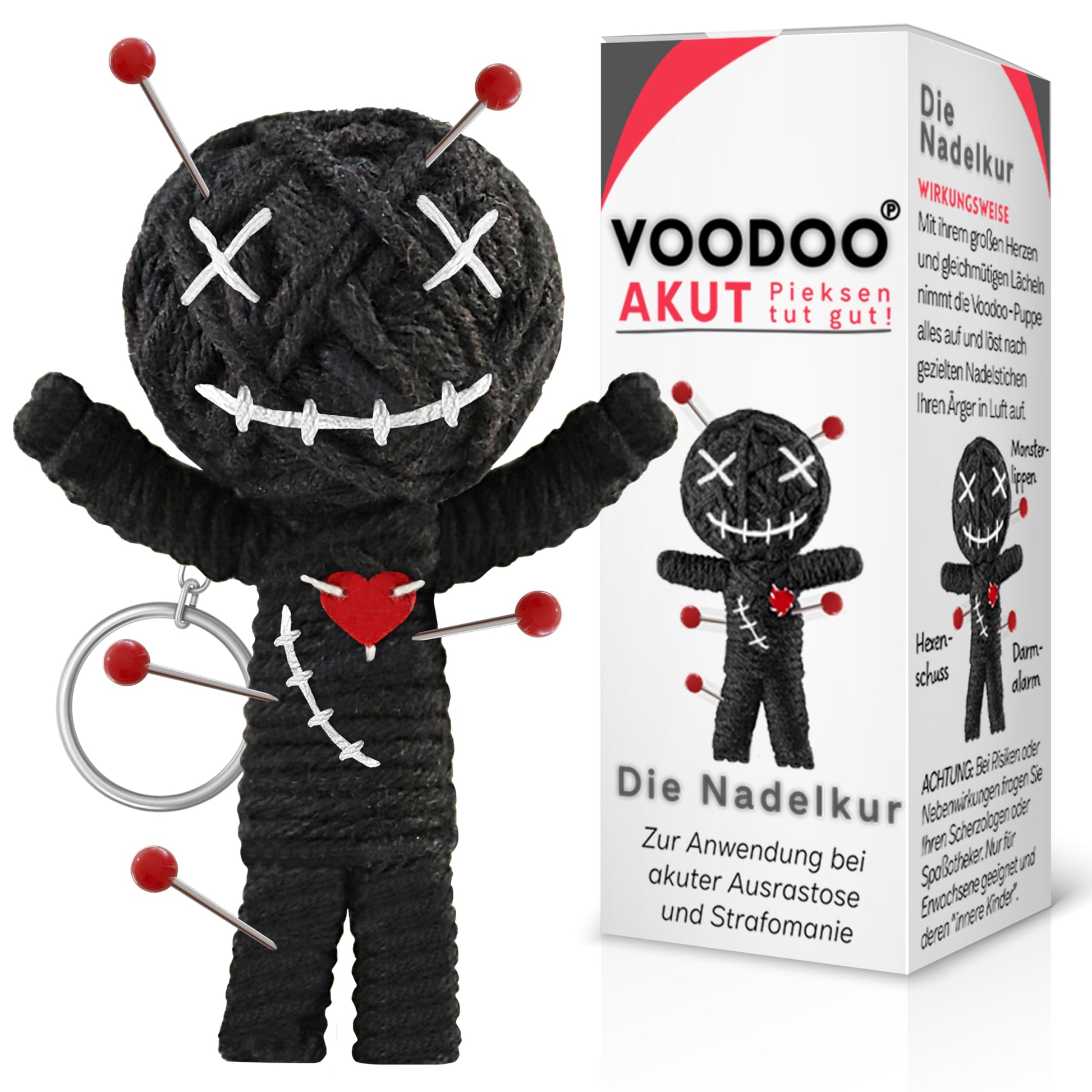 Voodoo Puppe mit Nadeln | 7,5cm | Geschenkbox & Anleitung | Scherz-Medikament | Büro Geschenk für Kollegen Kollegin Chef | Anti Stress | Abschied | Büro Uni Studium