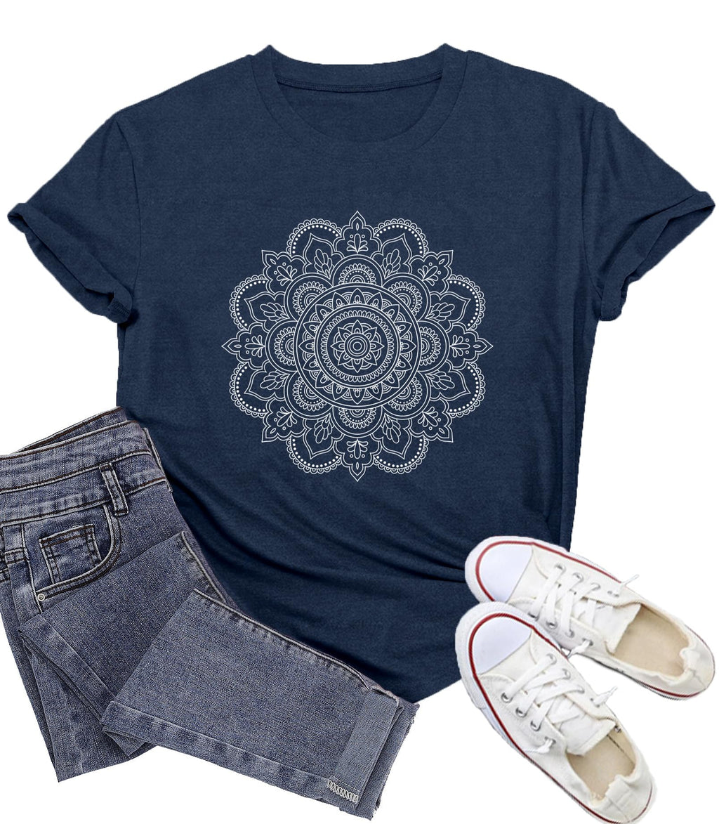 Wlen Boho Meditation Shirt for Women Yoga Mandala T-Shirts Pilates Tee Tops