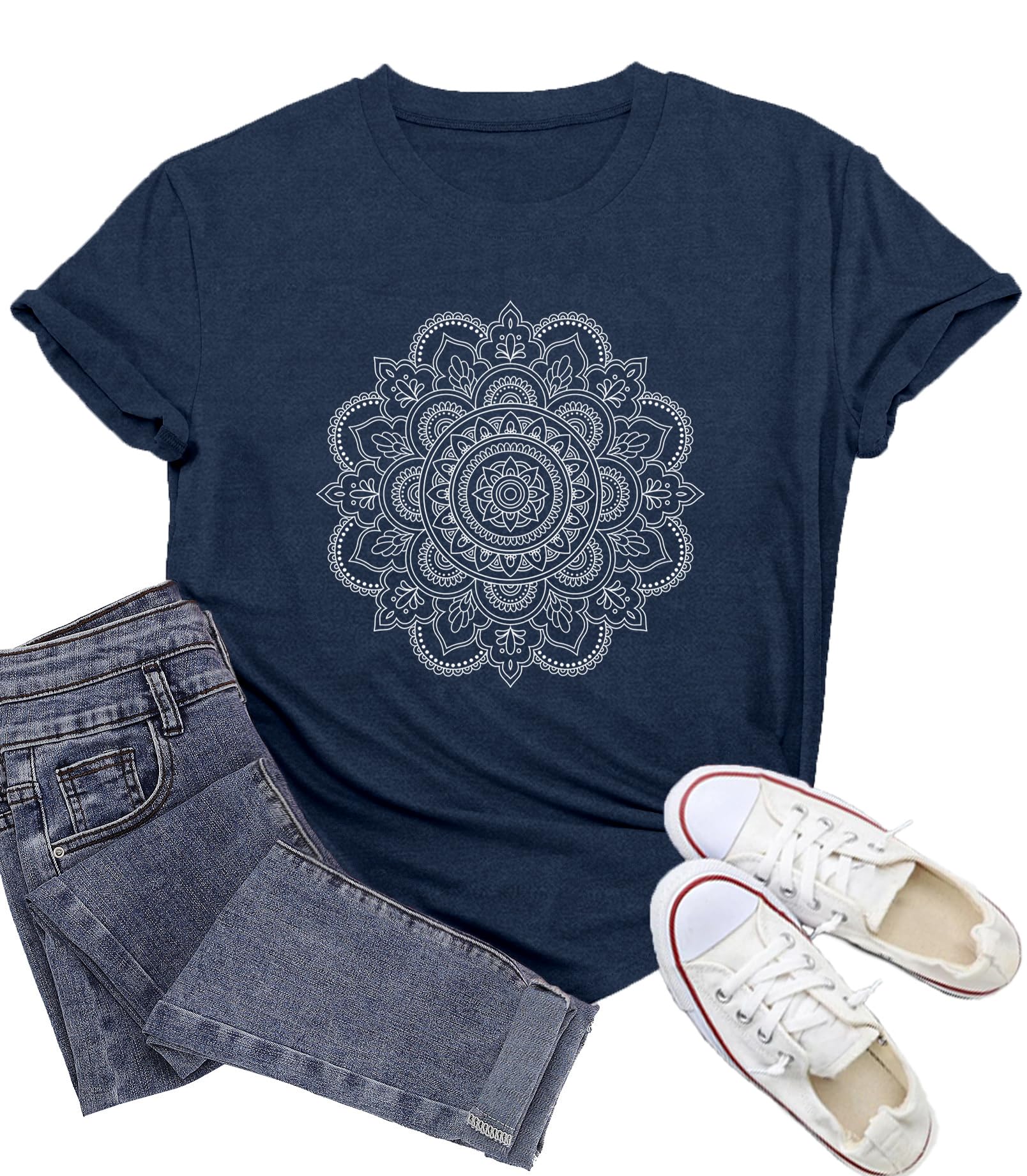 Wlen Boho Meditation Shirt for Women Yoga Mandala T-Shirts Pilates Tee Tops