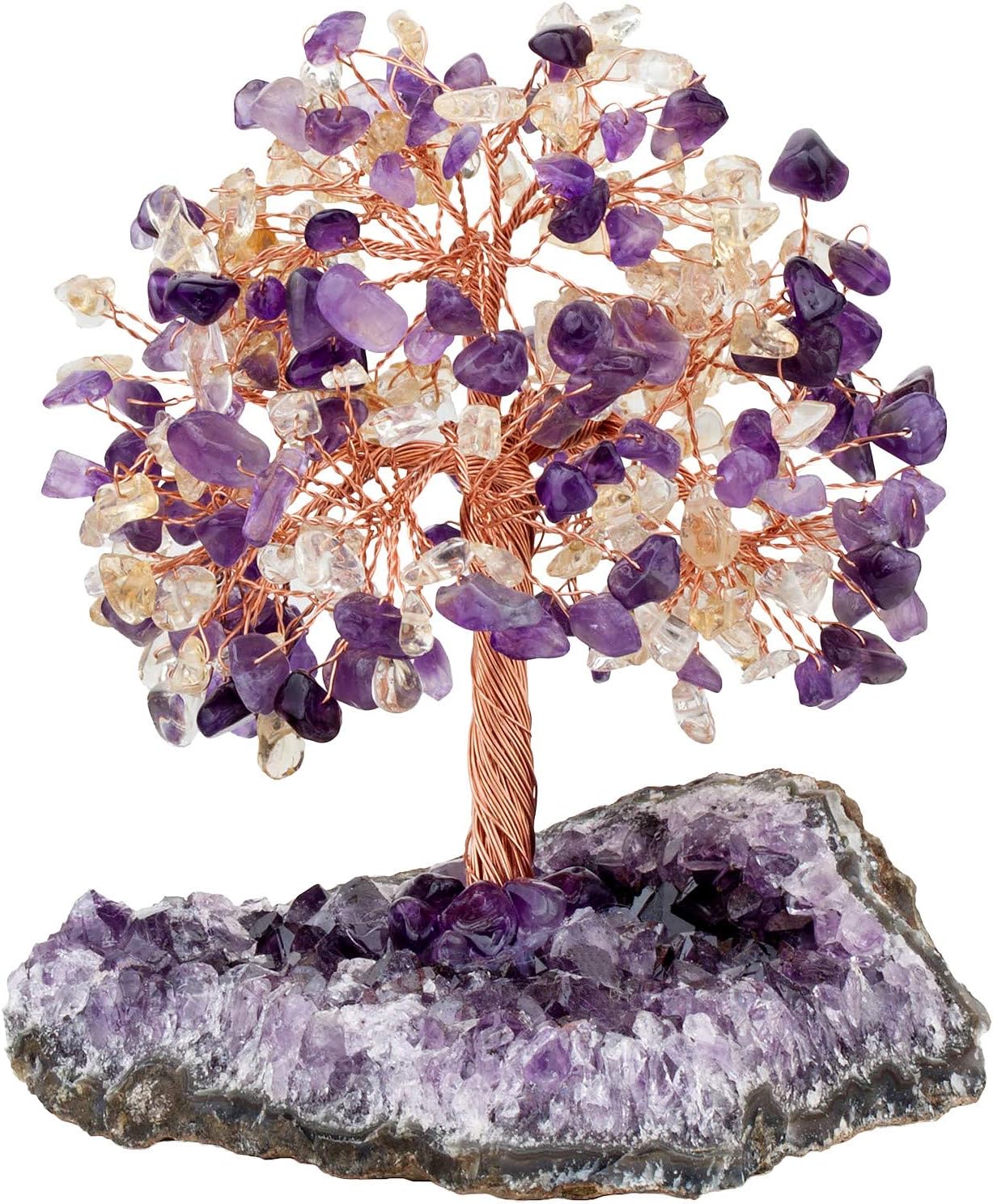 KYEYGWO Amethyst & Citrine Reiki Heilung Kristallbaum auf Natürlichen Amethyst Drusensegment Rohstück Base, Stein Geldbaum Feng Shui Bonsai Baum Figuren Ornament Haus Deko für Glück, Reichtum