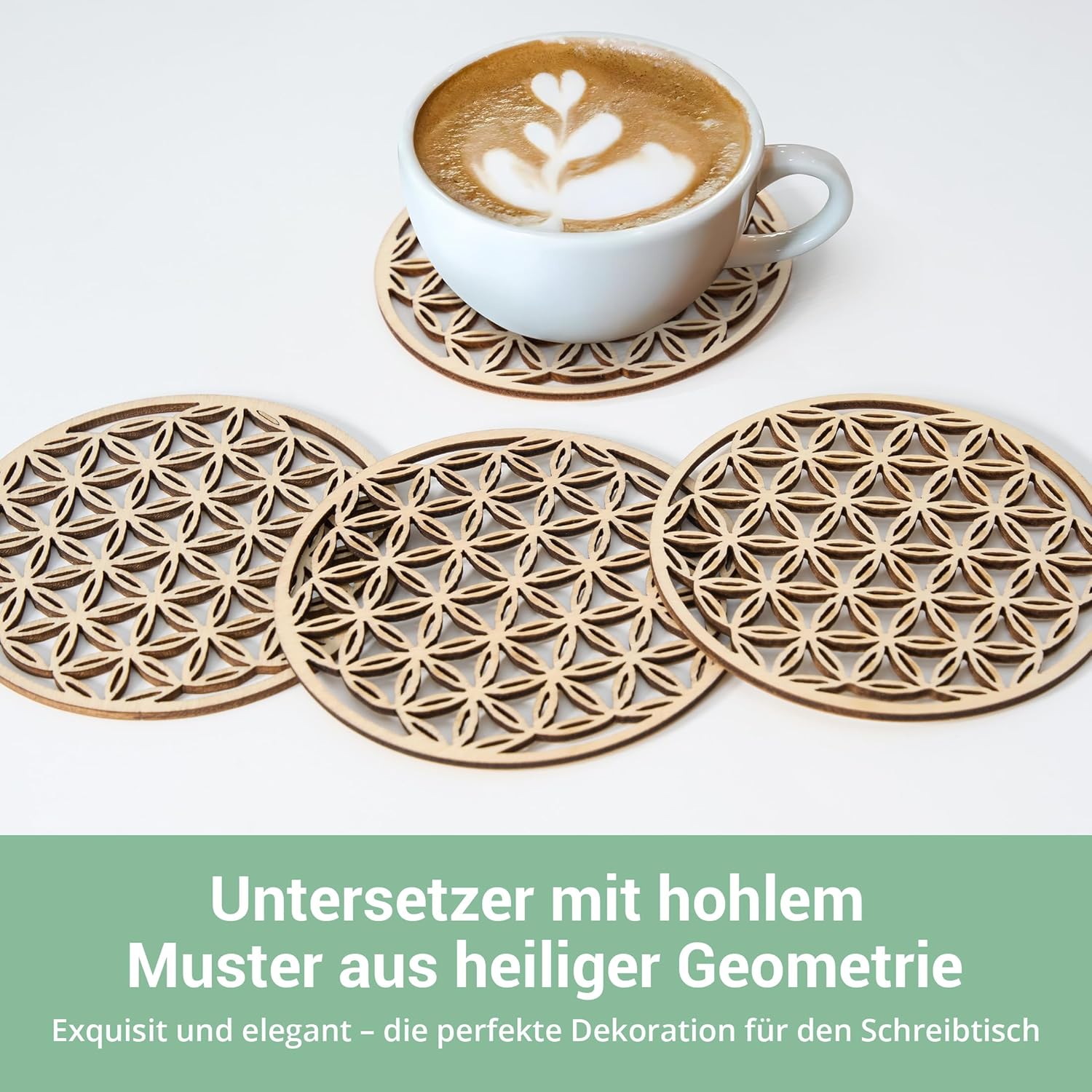 Cheerhom Set of 4 Flower of Life Wooden Coasters Round Coasters Glasses for Drinks Bar Cups Glass 10cm