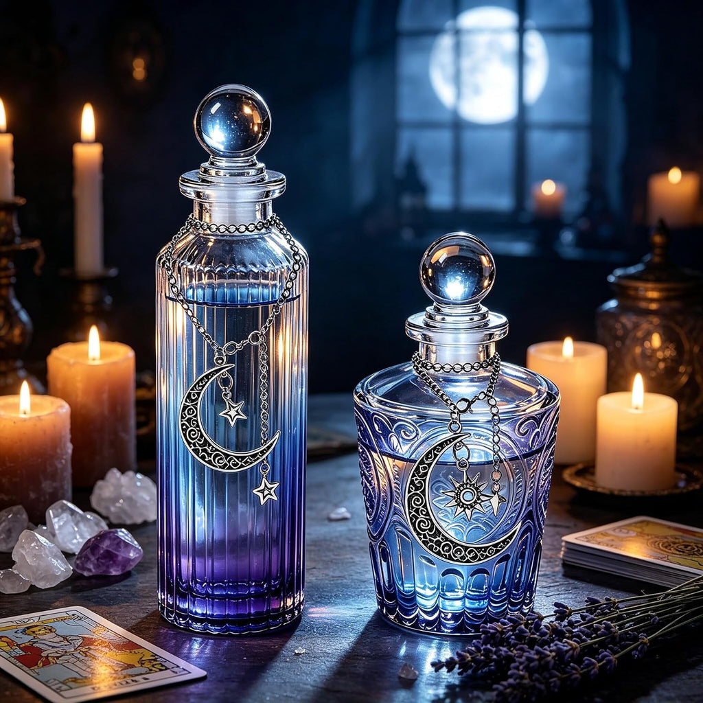 2PC Moon Water Bottle Set Glass Apothecary Jar with Lid & 2 Moon Chains for Spell & Potion Crafting Meditation Intention Setting Witchcraft Supplies (Indigo Third-Eye Intuition (2PC))
