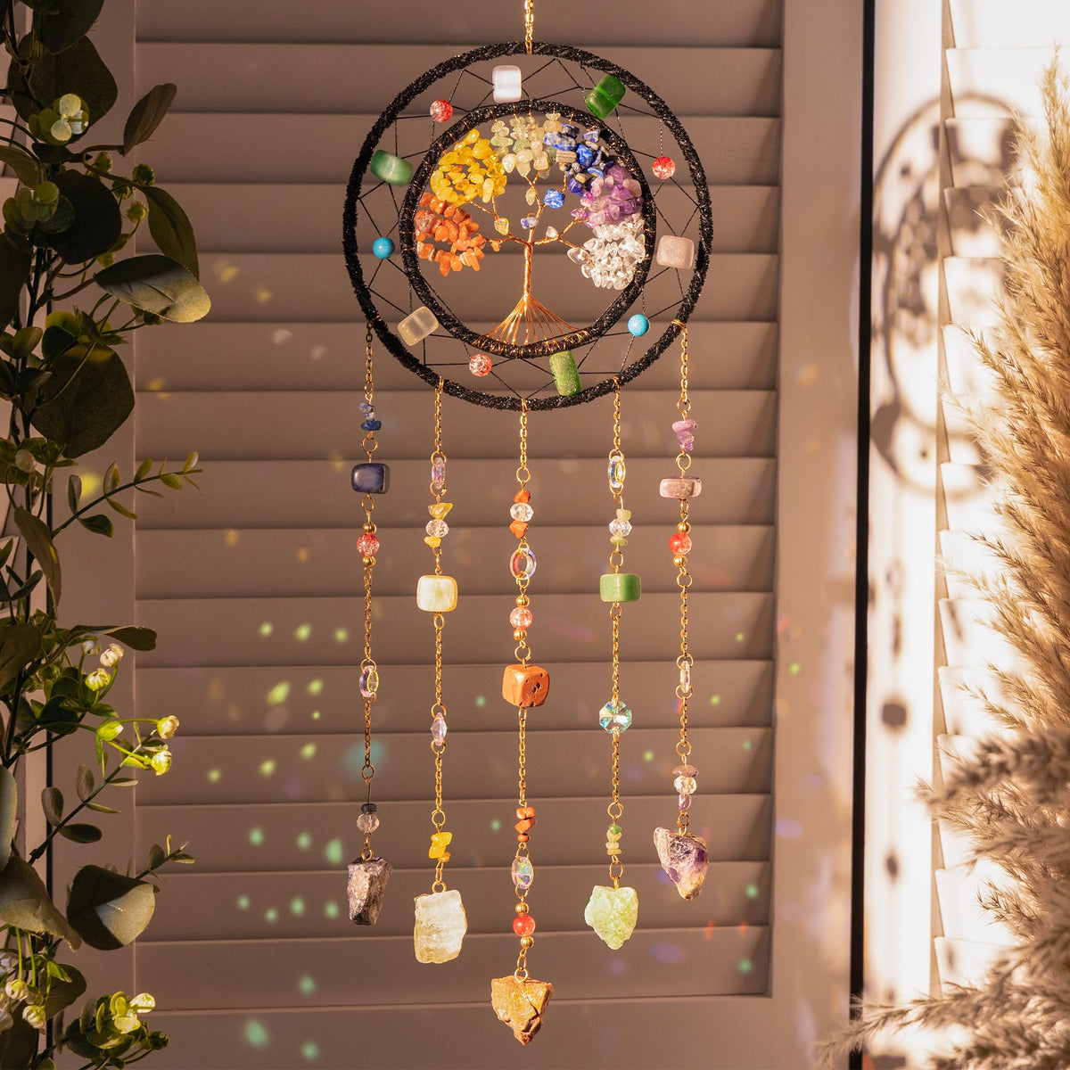 Moon Agate Dream Catcher Handmade Tree of Life Wall Decor with Stones