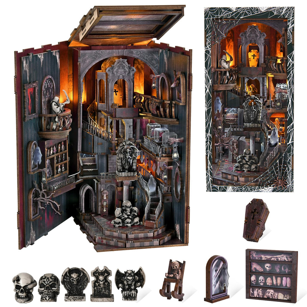 Book Nook Kit, DIY Miniatur Puppenhaus Booknook Kit, 3D Wooden Puzzle Bookend Bookshelf Insert Decor mit LED-Licht und Staubschutzhülle für Jugendliche und Erwachsene (Beyond Library)