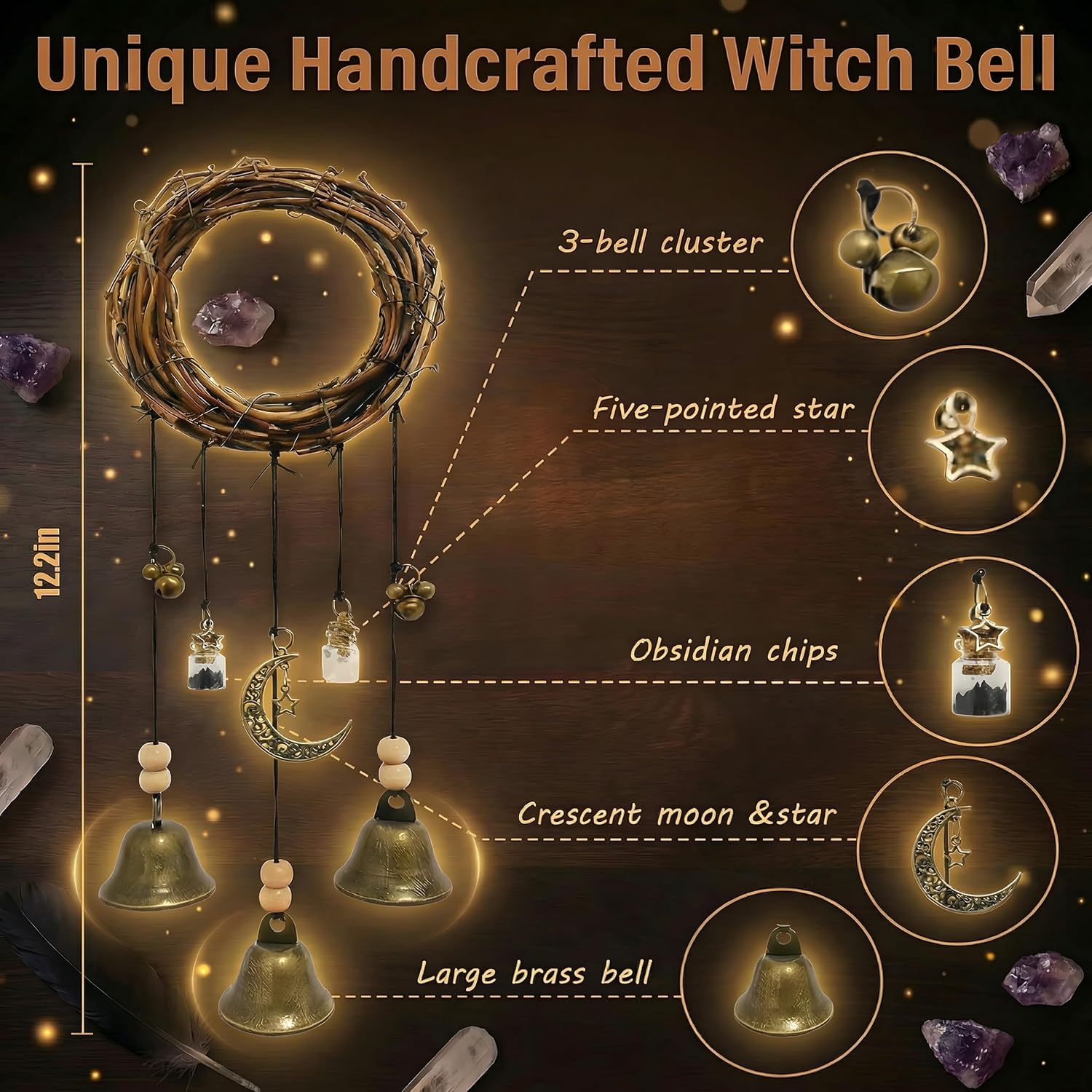 Witch Bells for Door Knob for Protection, 2 Pack Handmade Witch Bells 13.5 & 12.2 Inch with Brass Bells and Spell Jars, Vintage Boho Witchy Decor Witchcraft Supplies Wiccan Gifts for Home Wall Door