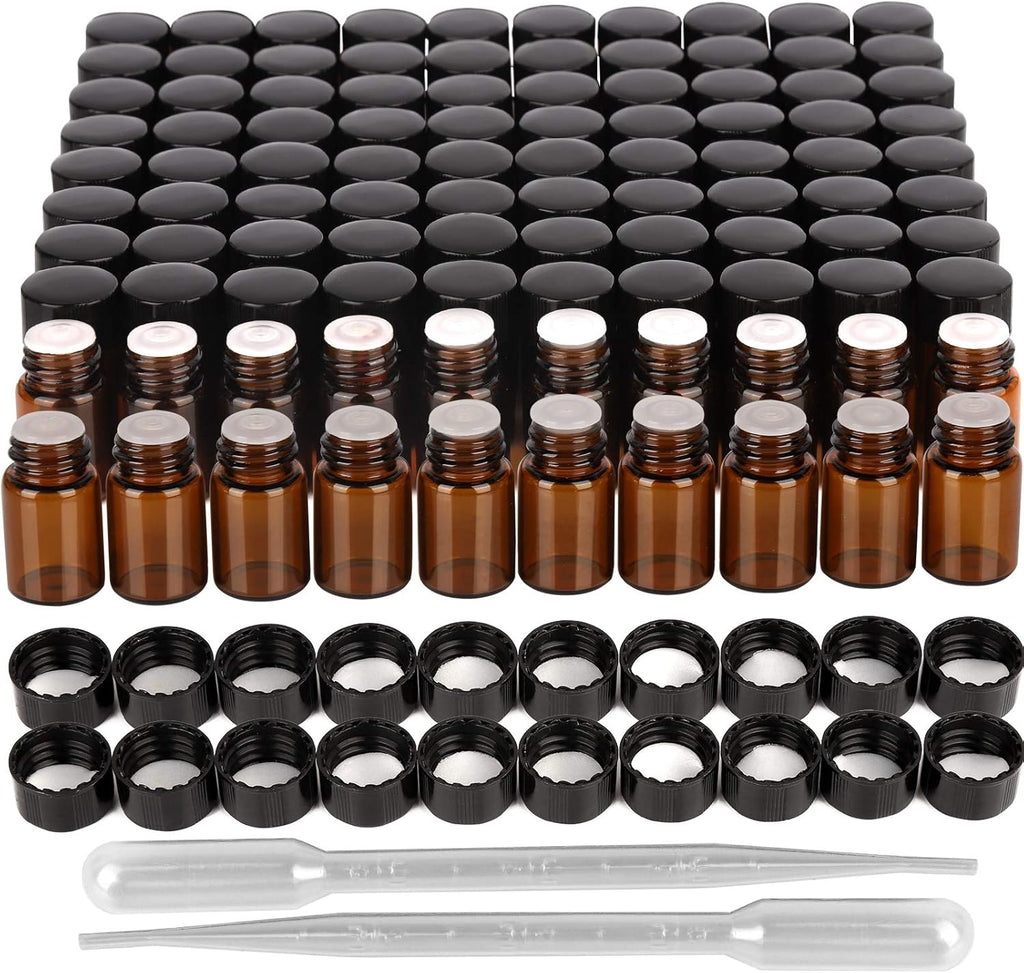 FANDAMEI 100 x 2 ml Braune Leere Glasflaschen, Fläschchen für Ätherische Öle, Mini Glasflasche mit Orifice Reducers, Perfekt für Ätherisches Öl, Spa, Massage, Aromatherapie