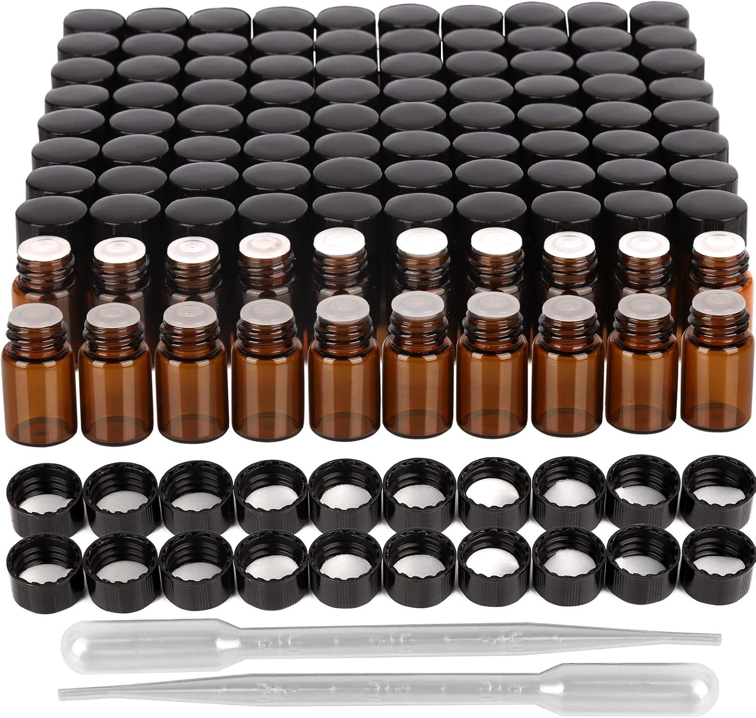 FANDAMEI 100 x 2 ml Braune Leere Glasflaschen, Fläschchen für Ätherische Öle, Mini Glasflasche mit Orifice Reducers, Perfekt für Ätherisches Öl, Spa, Massage, Aromatherapie