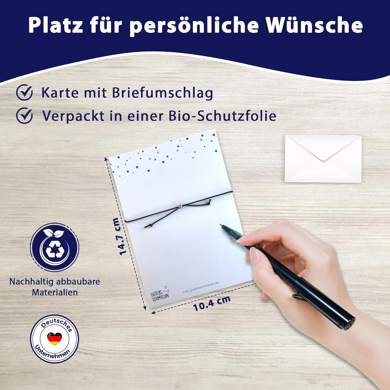 Glücksschmiedin - Mutmacher Geschenk, Motivations Postkarte mit Kraft Armband und Elefant Anhänger handgefertigt