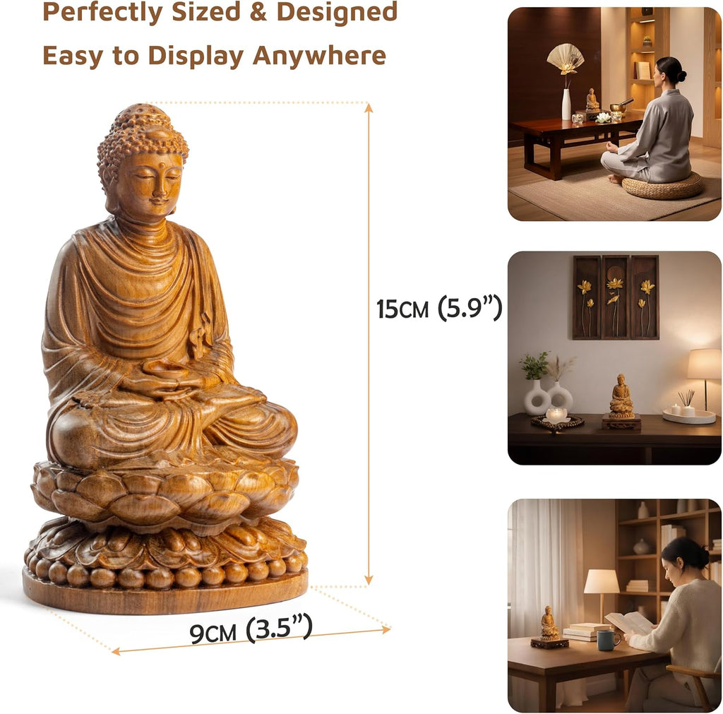 Wooden Buddha Statue with Gift Box and 108 Bead Mala - Hand Carved Shakyamuni Buddha 15cm/6in for Meditation, Altar, Zen Decor - Buddhist Spiritual Gift Set for Peace and Mindfulness