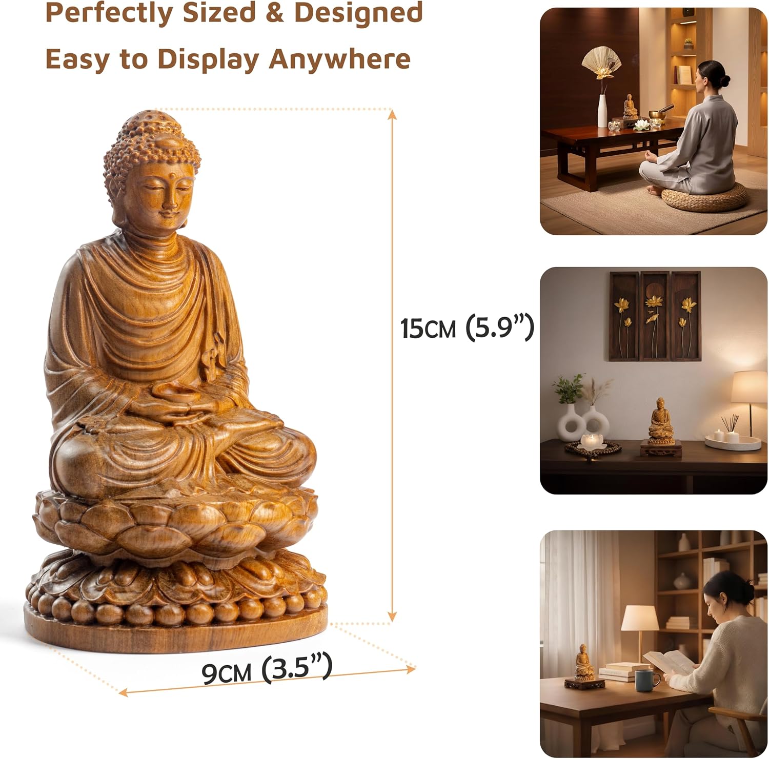 Wooden Buddha Statue with Gift Box and 108 Bead Mala - Hand Carved Shakyamuni Buddha 15cm/6in for Meditation, Altar, Zen Decor - Buddhist Spiritual Gift Set for Peace and Mindfulness