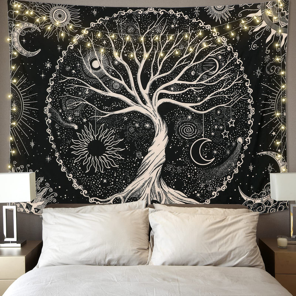 Betylifoy Baum des Lebens Tapisserie Mond und Sonne Schwarzer Wandbehang Tapisserie Psychedelisches Mandala Sternenhimmel Wandteppich Hippie Tapisserie für Schlafzimmer (148x200cm)