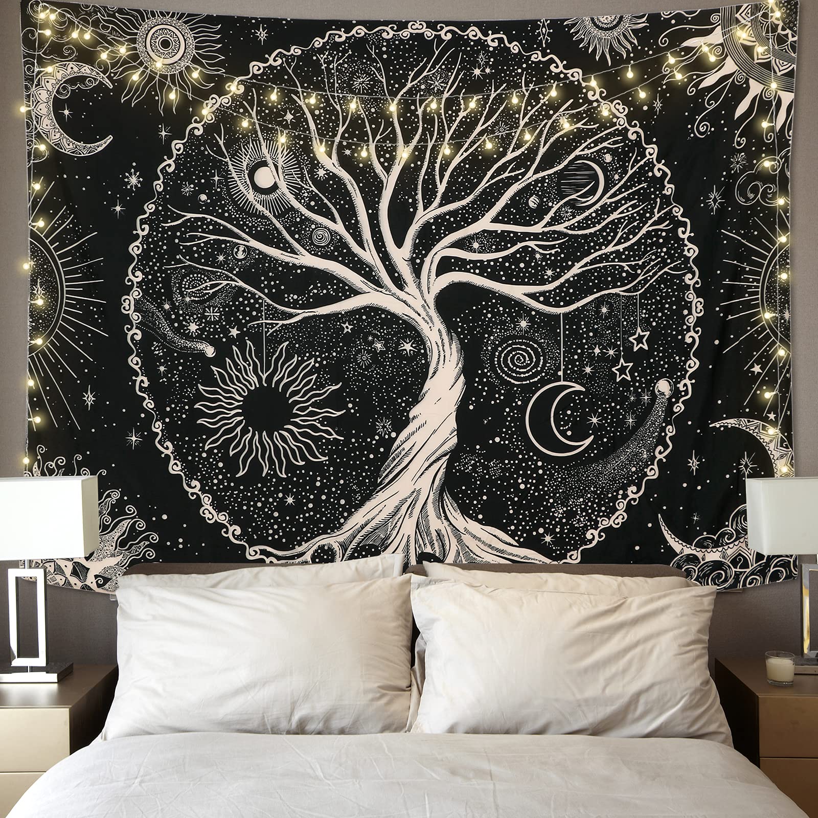 Betylifoy Baum des Lebens Tapisserie Mond und Sonne Schwarzer Wandbehang Tapisserie Psychedelisches Mandala Sternenhimmel Wandteppich Hippie Tapisserie für Schlafzimmer (148x200cm)