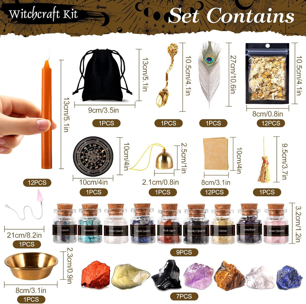 VIPNAJI Starter Witch Kit 64 Pieces Witchcraft Kit, Candles Small, Dried Flowers, Crystals, Measuring Spoons, Parchment Paper, Tumbled Gemstone Crystal Chips for Chimes, Magic, Witchcraft, Wish You