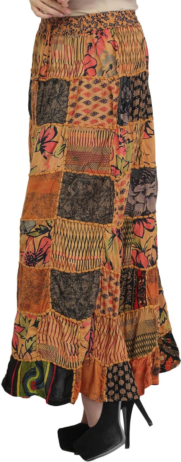 Exotic India Long Printed Dori Skirt from Gujarat with Patch Work - Rayon