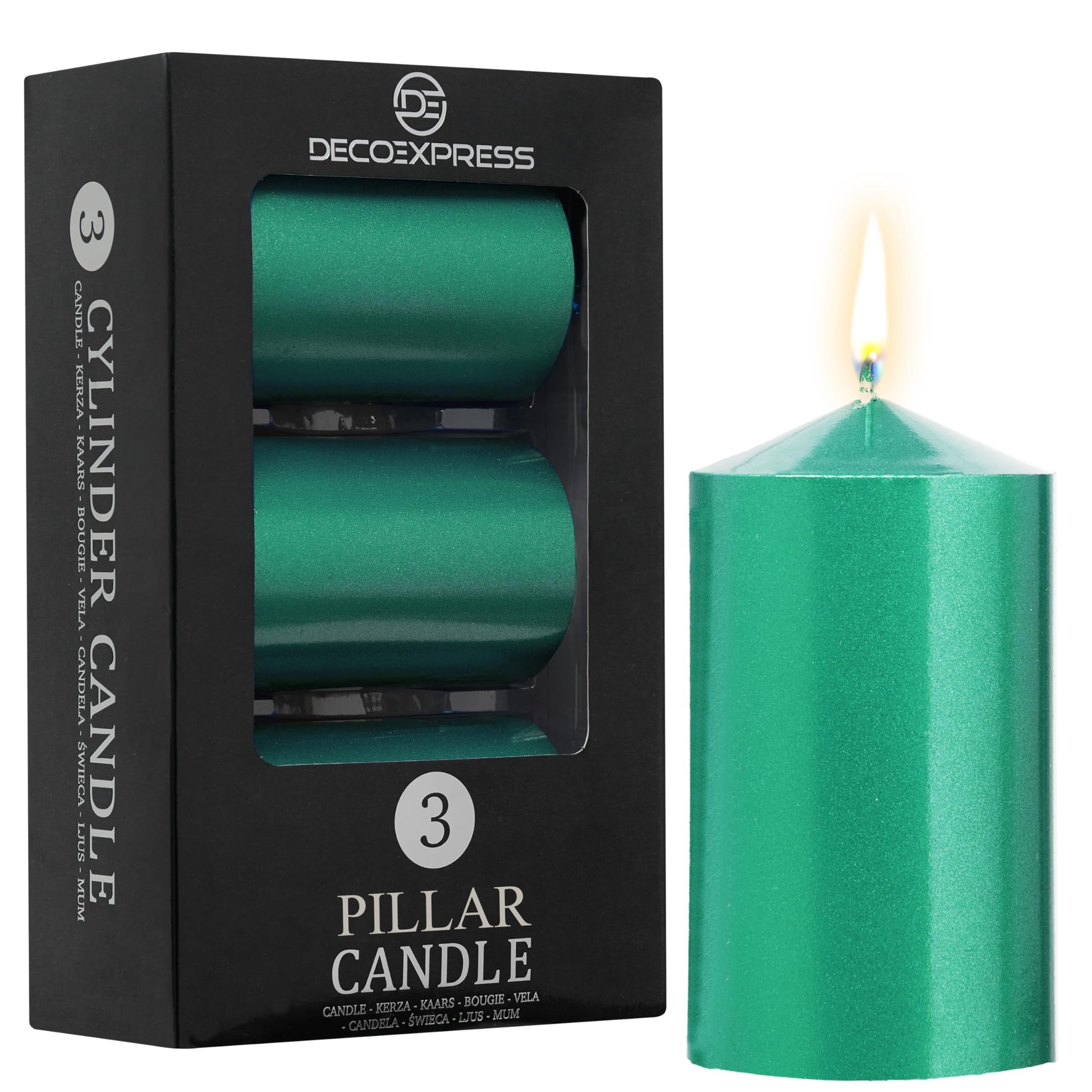 DECO EXPRESS Metallic Pillar Candle Set, 3 Pack, Candles Long Burn Time, 30 Hours, Odourless (Silver - Pack of 3)