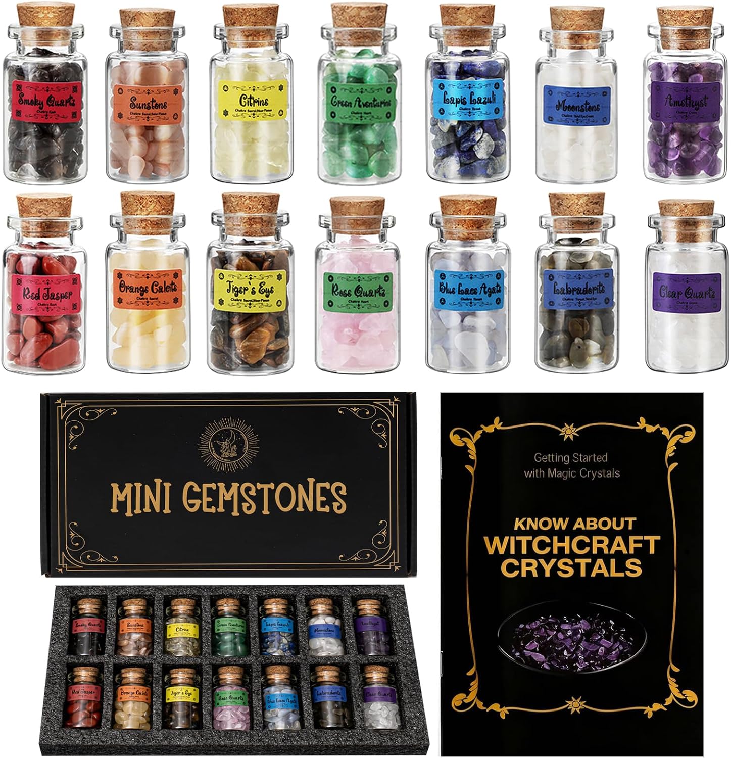 Crystals for Witchcraft in Bottles,14pcs of Crystal Sets for Witchcraft Supplies,Real Crystals and Healing Stones,Wiccan Supply Tool,Mini Gemstones,Chakra Healing Crystals