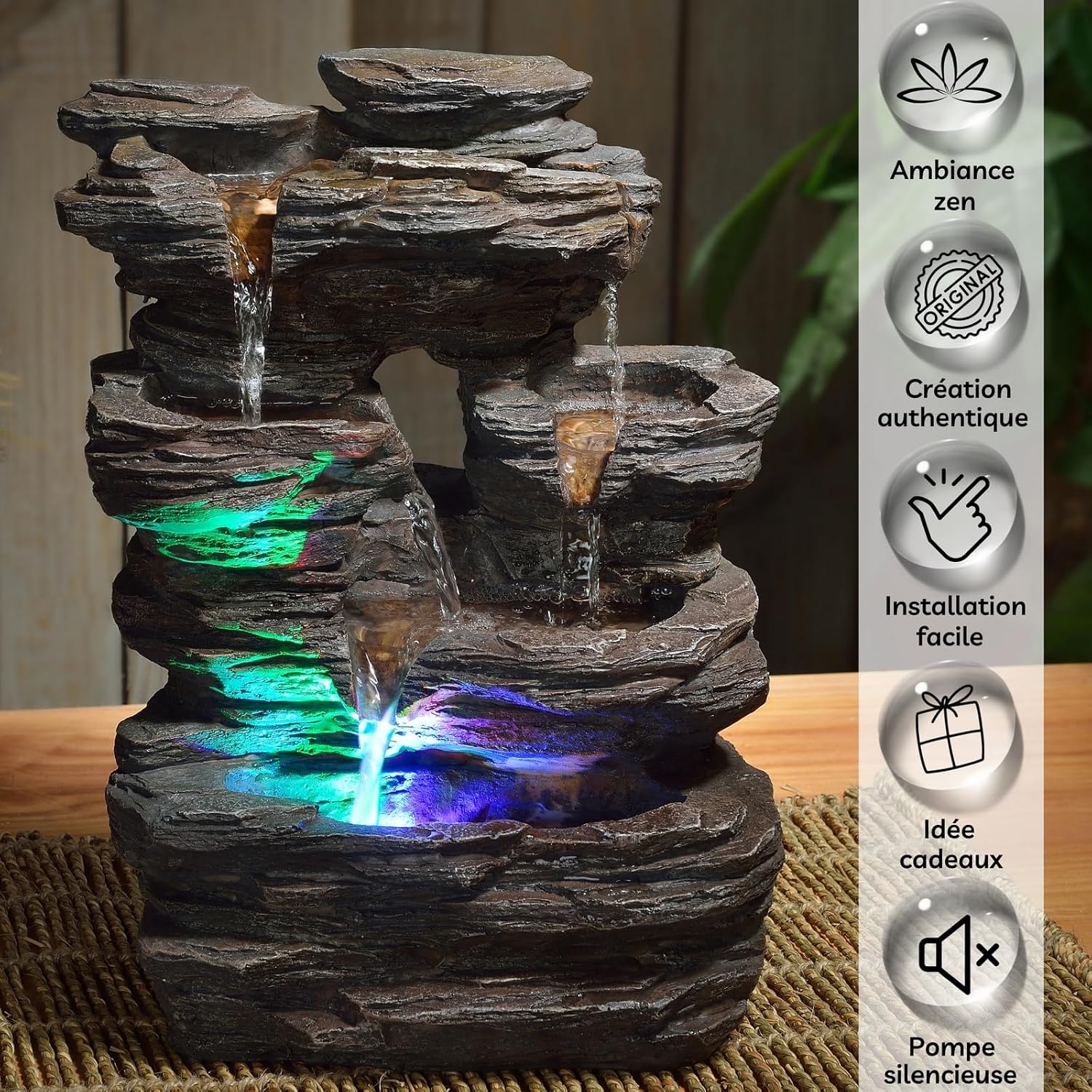 Zen’Light - Zimmerbrunnen Pietra - Steinoptik aus Kunstharz mit Bunten Lichteffekten - Moderne Zen Deko, Meditation & Entspannung - Glücksbringer - H35cm