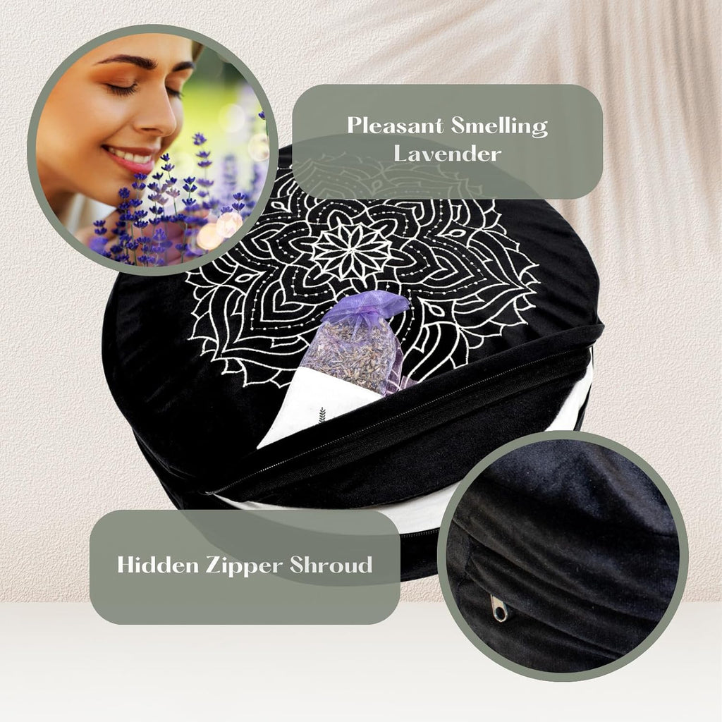 Black Velvet Embroidered Meditation Cushion - Buckwheat Filled with Lavender and Removable Foam Pad - Ideal for Yoga, Stress Relief, Mindfulness, and Holistic Living