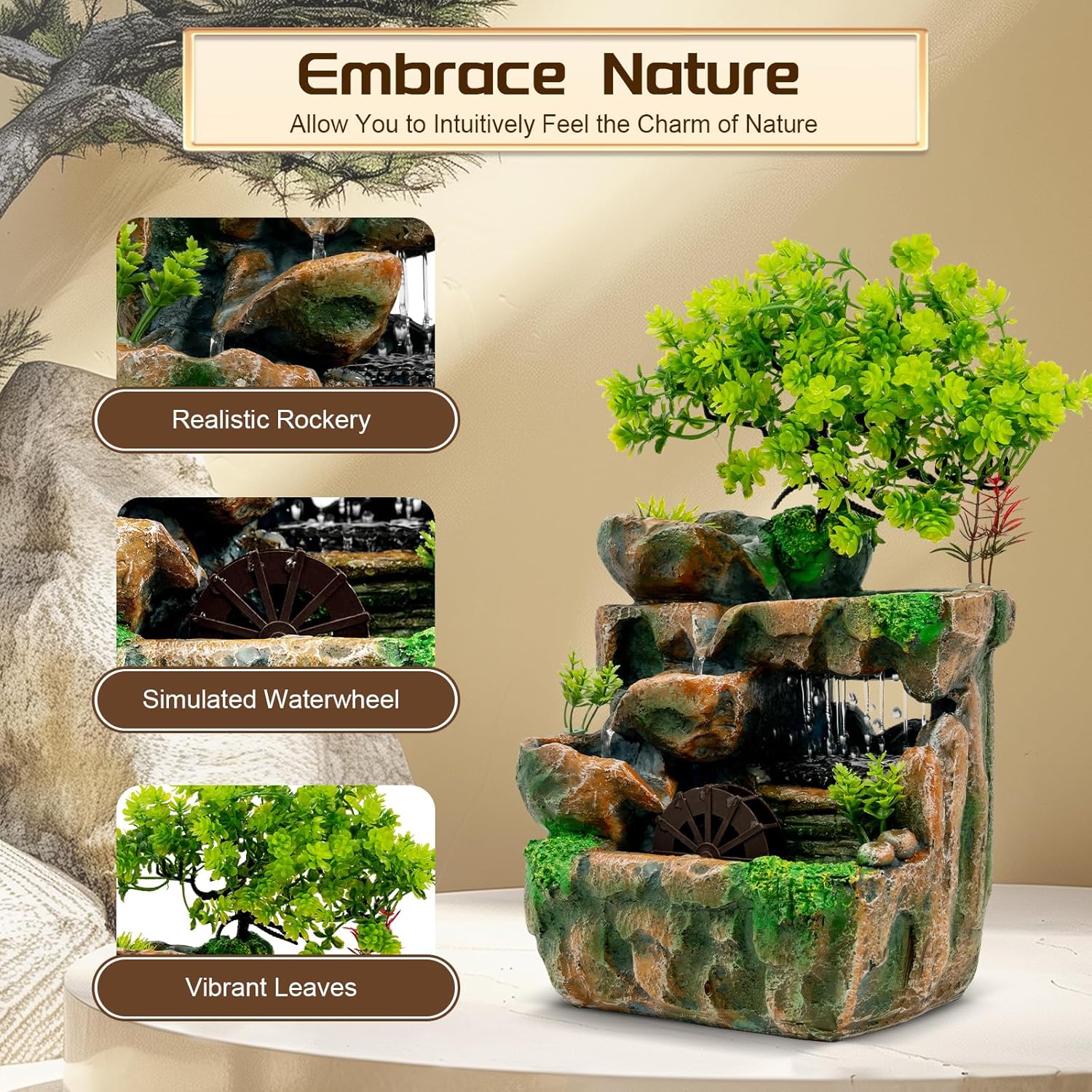 Zimmerbrunnen mit LED Beleuchtung, Grüne Pflanze Brunnen Springbrunnen Gartenbrunnen Deko Tischbrunnen mit Wasserfall, 18 * 15 * 30cm