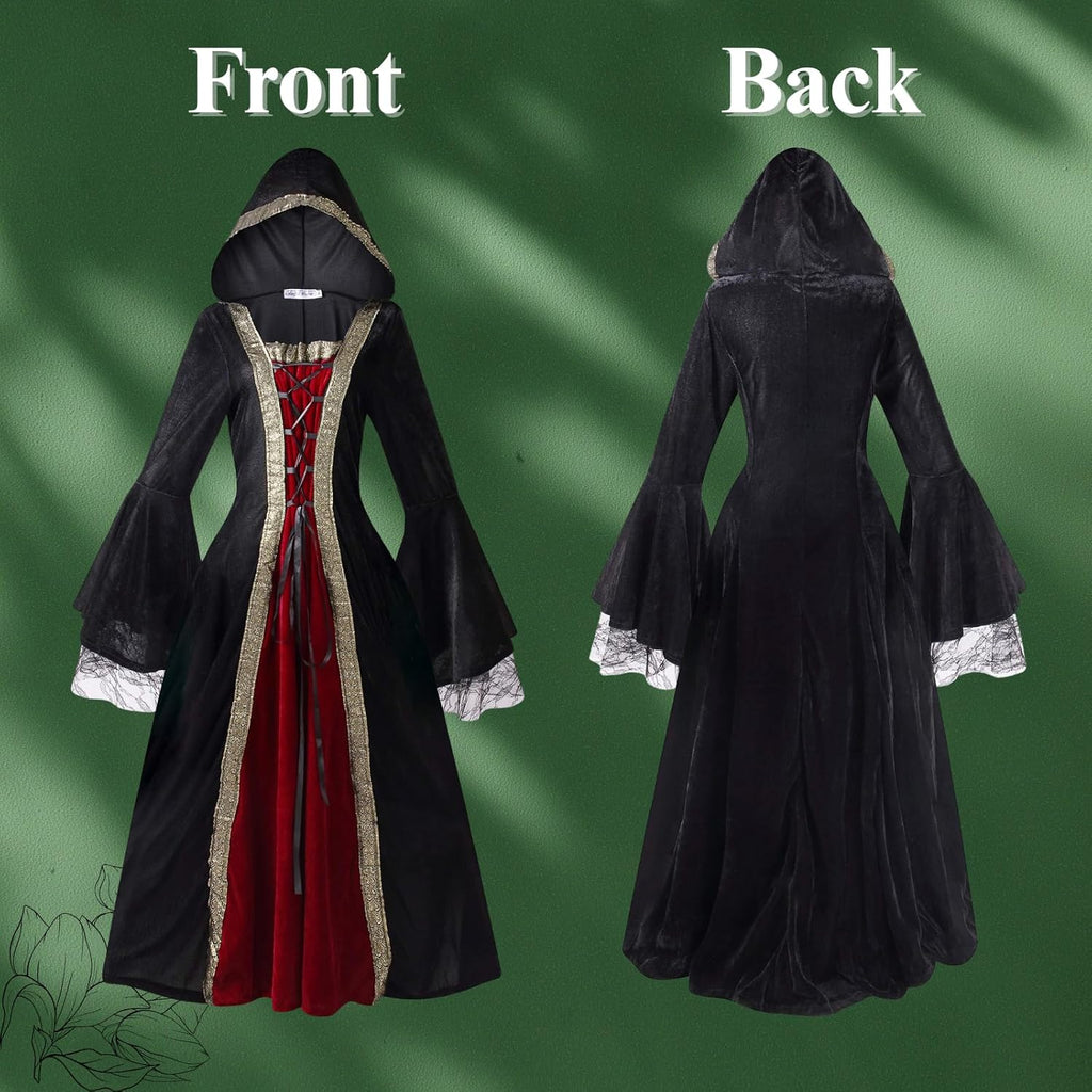 Colorful House Women Medieval Tea Party Dress Victorian Era Bubble Sleeves Velvet High Waist Long Dress with Belt and Gloves