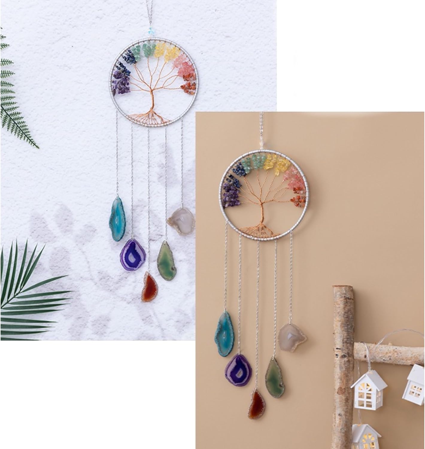 Crystals Tree of Life Dream Catcher, Natural Gemstone Agate Chakra Sign, Wall Hanging, Home Decoration for Meditation, Yoga Wall Art, Mandala Ornaments for Bedroom (7 Chakra Crystals)