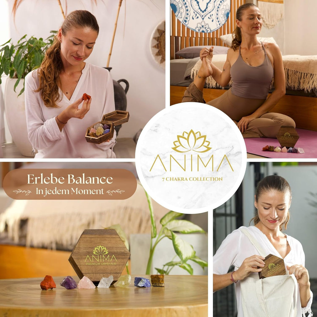 Anima Premium 7 Chakra Kristalle Steine Set – Edelsteine Heilsteine mit Rosenquarz, Amethyst und Lapislazuli in einer Holzbox für Heilung – Spirituelles Geschenk für Frauen mit Anleitungsheft