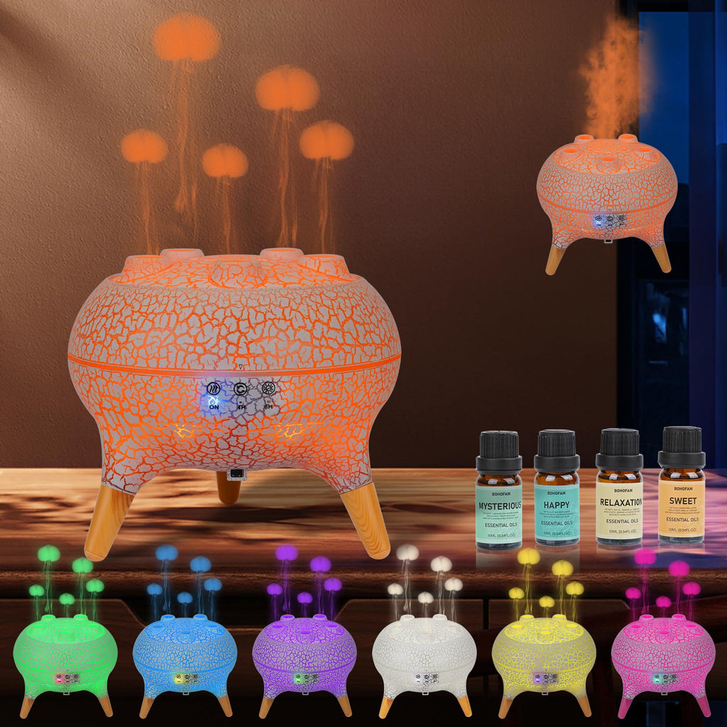 BOHOFAM Jellyfish Essential Oil Diffuser 250ML,Aroma Diffuser Hears Sound to Spray Dancing Jellyfish Mist,7 Colorful Lights, 4 * 10ML Hotel Collection Diffuser Oils Scents for Home Bedroom(Black)