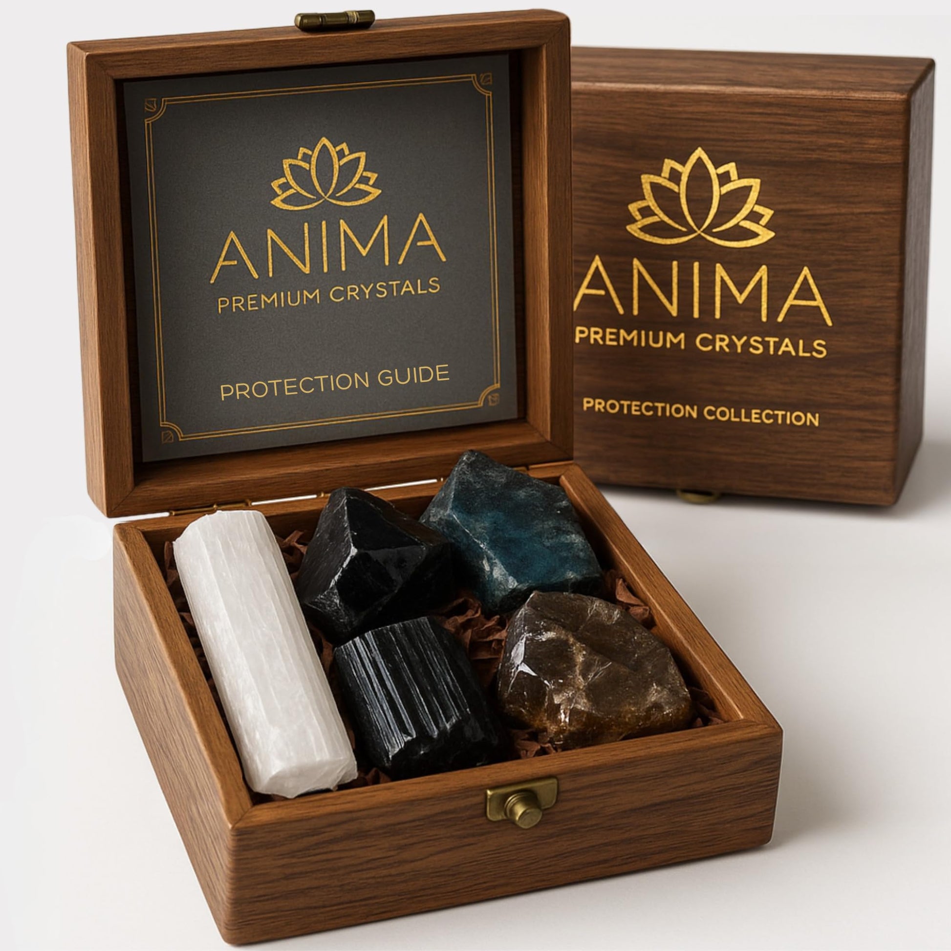 Anima Premium Amethyst Stone Set - Amethyst Tower, Cluster and Raw Crystal - Large Crystals and Healing Stones in Wooden Box - Ideal Spiritual Gift for Women for Meditation and Restful Sleep