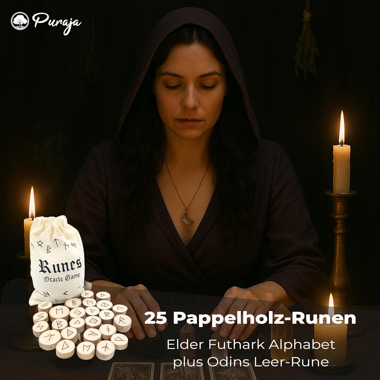 PURAJA Runensteine Set: Holz | Mit Elder Futhark Alphabet | 25 Holz Runensteine im Baumwollsäckchen | Magisches Runen Set