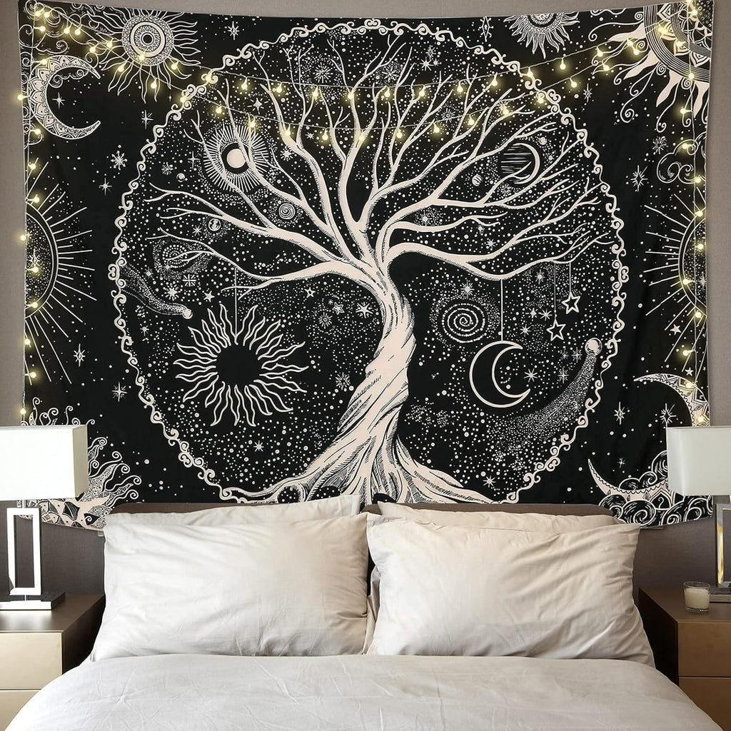 Betylifoy Baum des Lebens Tapisserie Mond und Sonne Schwarzer Wandbehang Tapisserie Psychedelisches Mandala Sternenhimmel Wandteppich Hippie Tapisserie für Schlafzimmer (148x200cm)