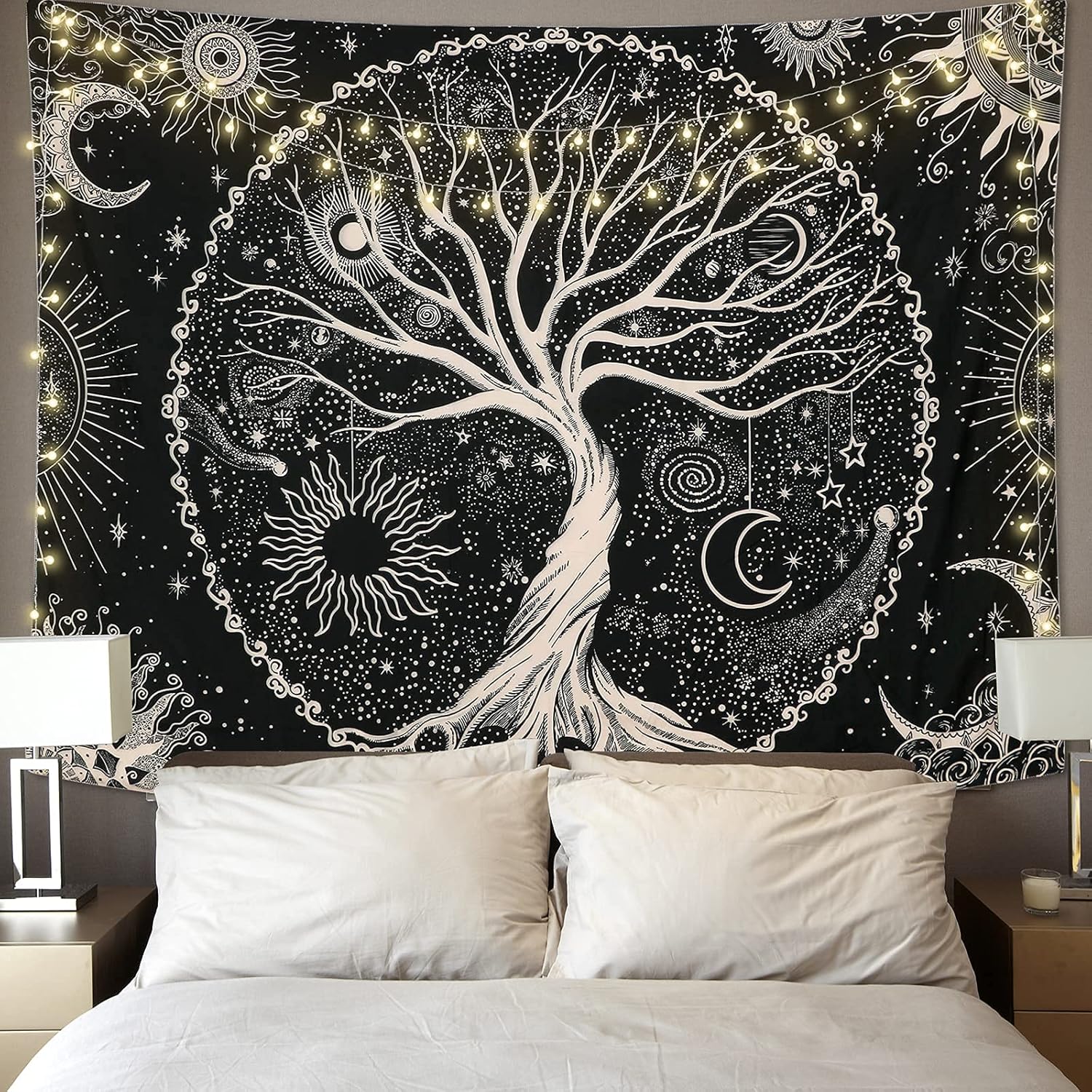 Betylifoy Baum des Lebens Tapisserie Mond und Sonne Schwarzer Wandbehang Tapisserie Psychedelisches Mandala Sternenhimmel Wandteppich Hippie Tapisserie für Schlafzimmer (148x200cm)