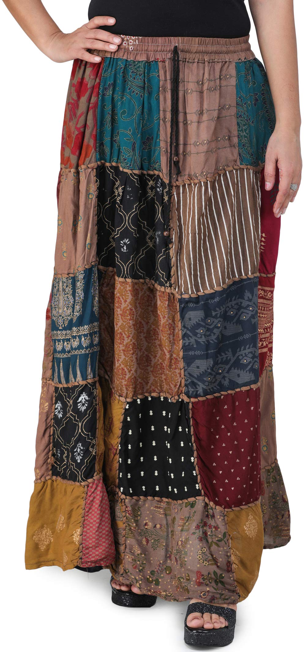 Exotic India Long Printed Dori Skirt from Gujarat with Patch Work - Rayon