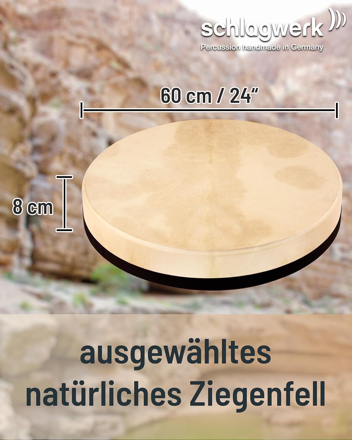Schlagwerk RTS62 Rahmentrommel Frame Drum Natural -Handtrommel ohne Haltekreuz - ⌀ 60 cm / 24 Zoll / 8 cm hoch - Ziegenfell, stimmbar - Buchenholz - Schamanentrommel Made in Germany