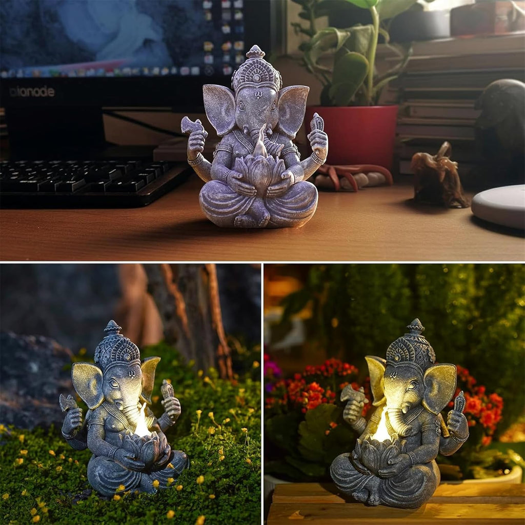 Ganesha Figur Buddha mit Solarlampen für Deko Wohnzimmer Schreibtisch Zubehör : Ganesha Zen Garten Buddha Figur Geschenke für männer Frauen Mama Wetterfest Zimmer Balkon Dekoration Grau 20CM