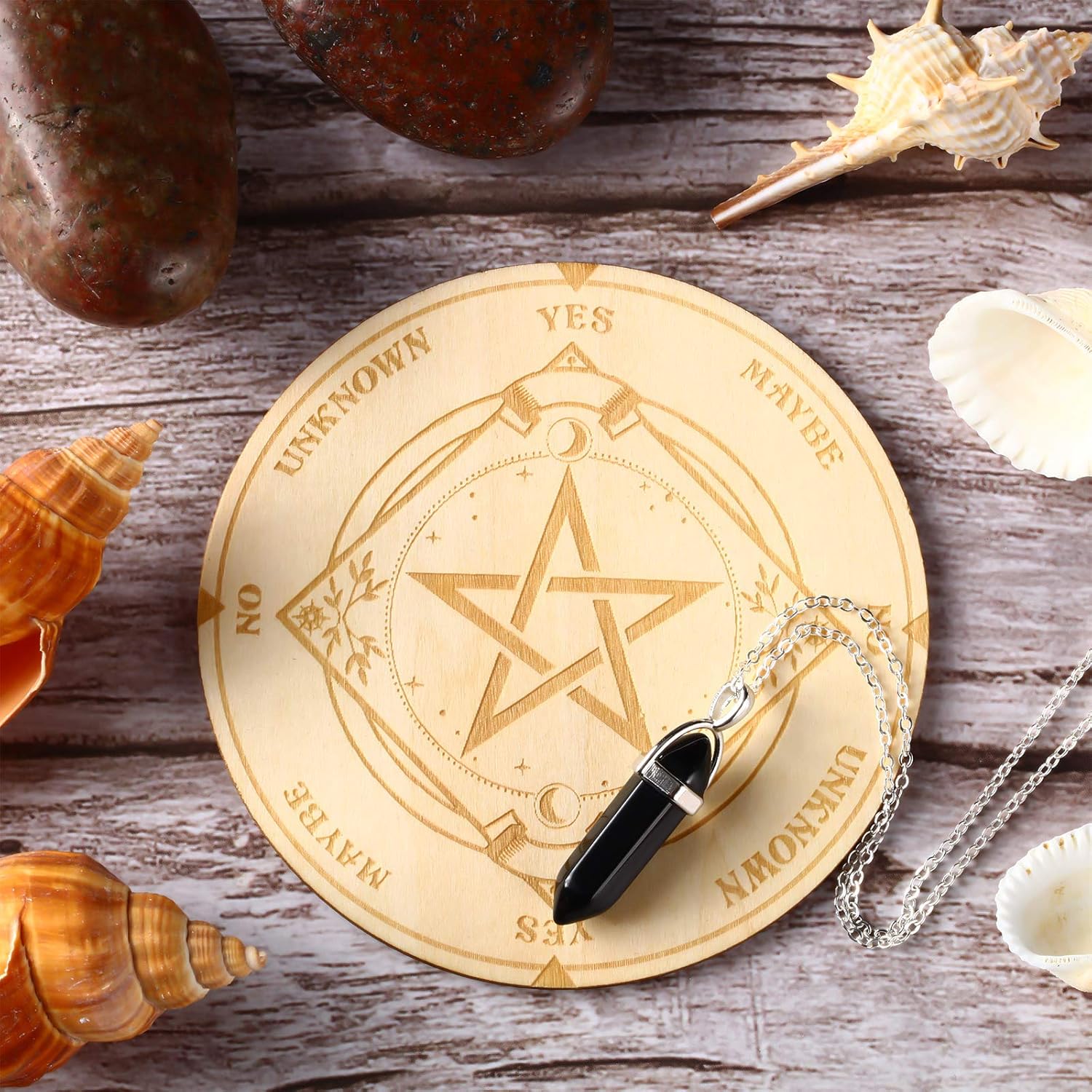 Stern Pendel Brett Wünschelrute Wahrsagen Metaphysische Message Board Holz Brett mit Kristall Wünschelrute Pendel Halskette Hexerei Wicca Altar Supplie Kit