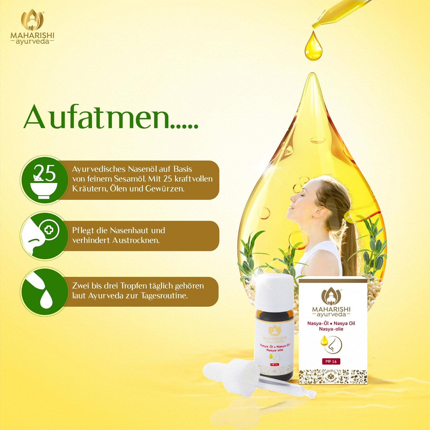 Maharishi Ayurveda Nasya-Öl, 10 ml, Ayurvedisches Nasenöl, Hilft bei trockener Nase, Schutz für die Nasenschleimhaut, Frei von Farbstoffen, Aromen & künstlichen Zusatzstoffen | 1er Pack